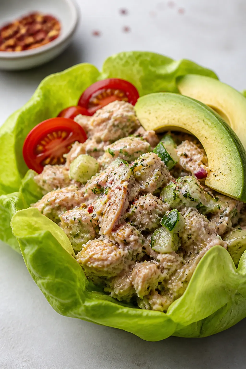 Close-up detail: A halved butter lettuce cup filled with the prepared tuna salad, showing flaky tuna