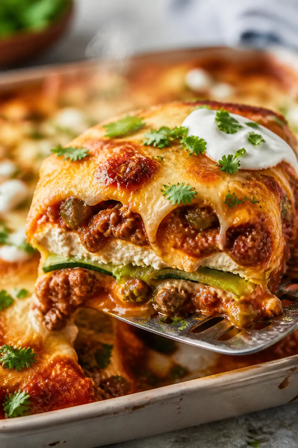 Close-up detail: A just-baked Keto Beef Enchilada Casserole corner being lifted with a slotted spatu
