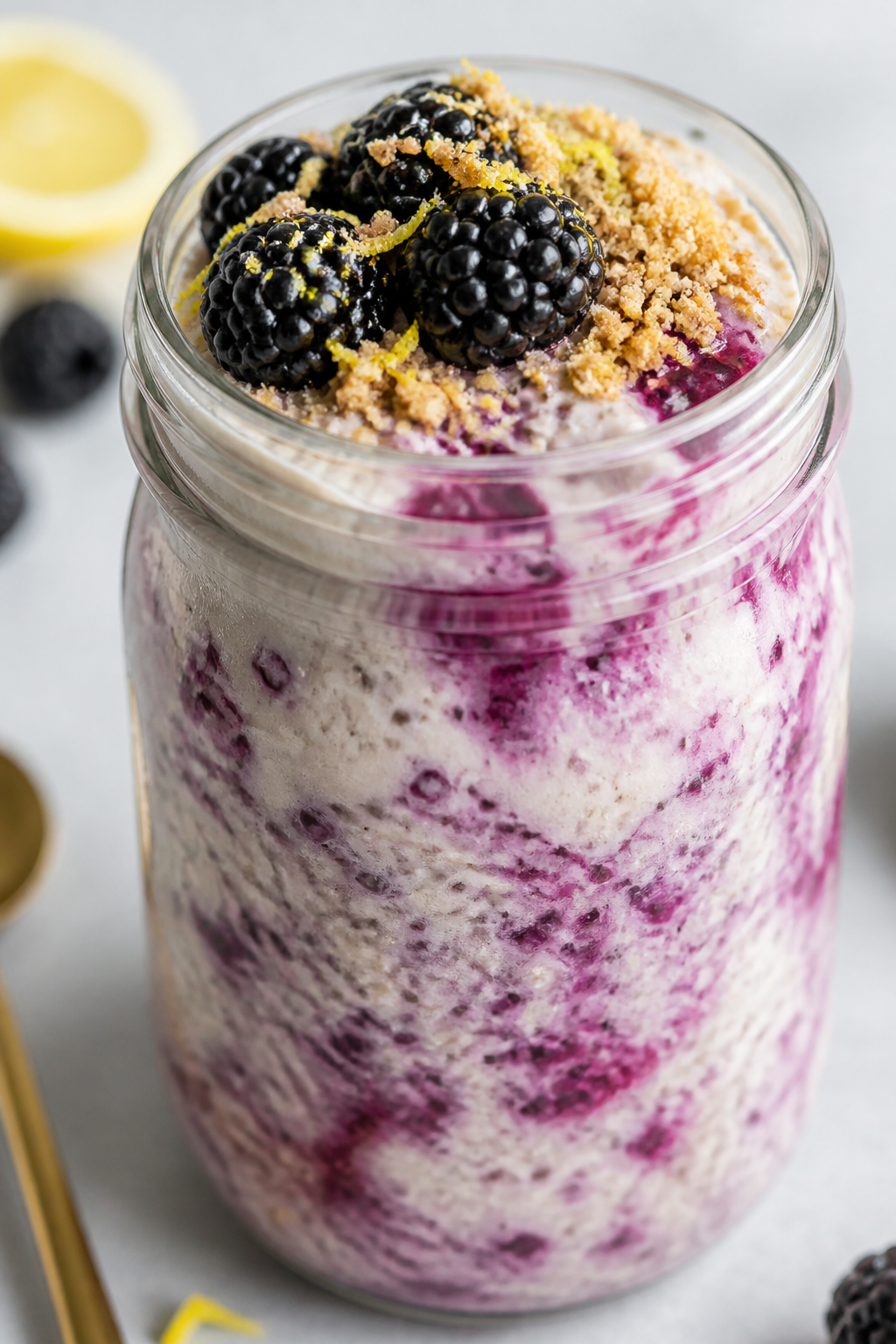 Close-up detail: A mason jar of Blackberry Cheesecake Overnight Oats just stirred in the morning, sh