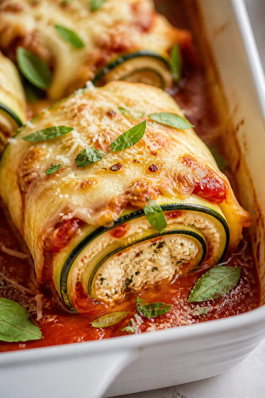 Close-up detail: A seam-side-down zucchini lasagna roll-up just out of the oven, saucy and bubbling