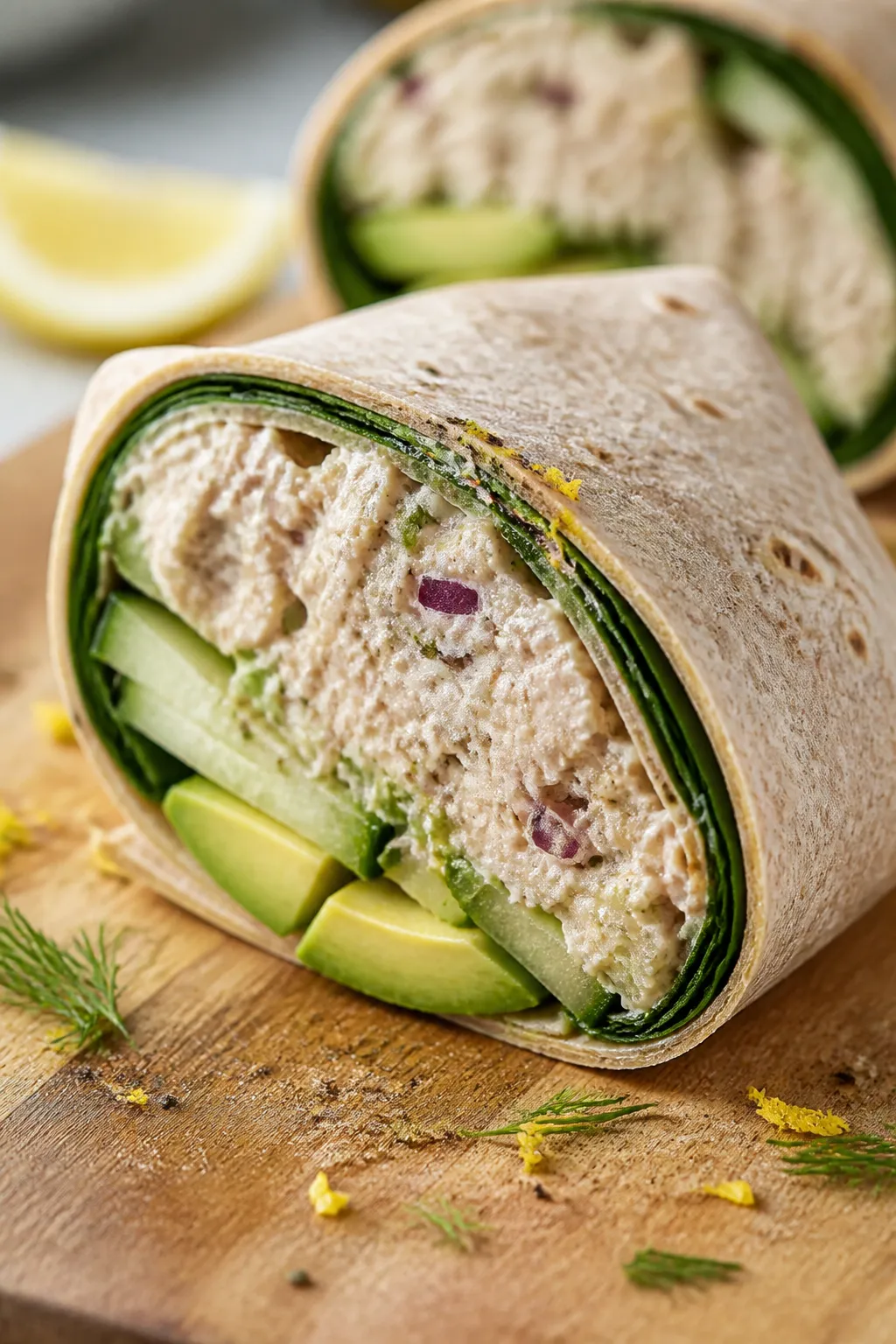 Close-up detail: A sliced tuna roll-up on a cutting board, showing tightly packed creamy tuna salad 