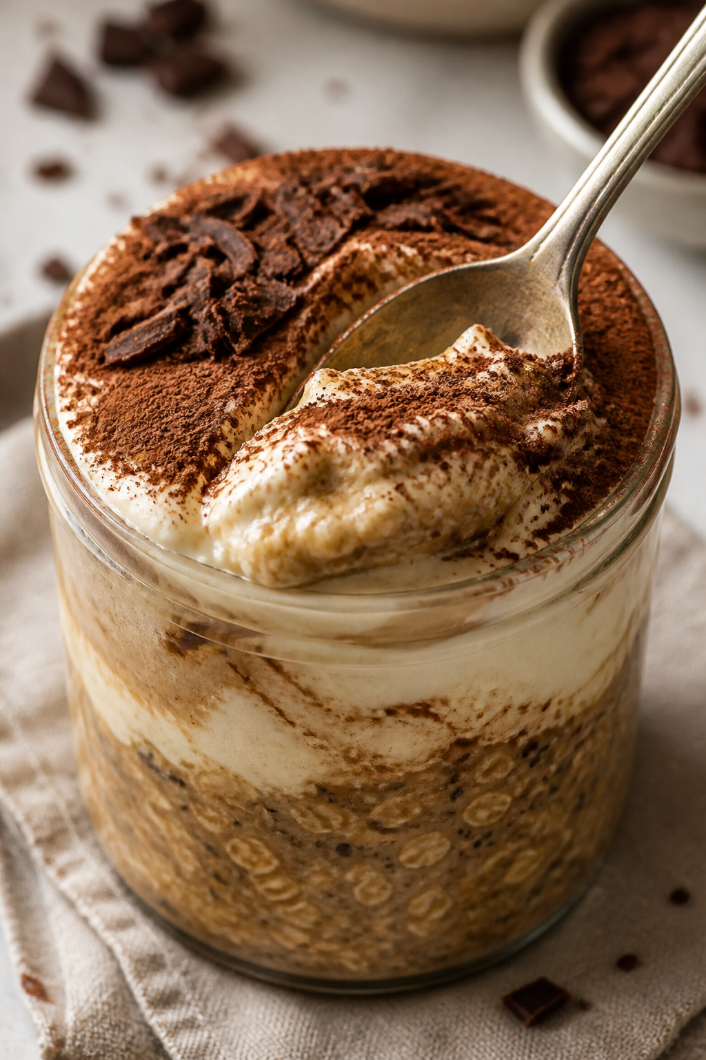Close-up detail: A spoon diving into layered Protein-Packed Tiramisu Overnight Oats in a clear glass