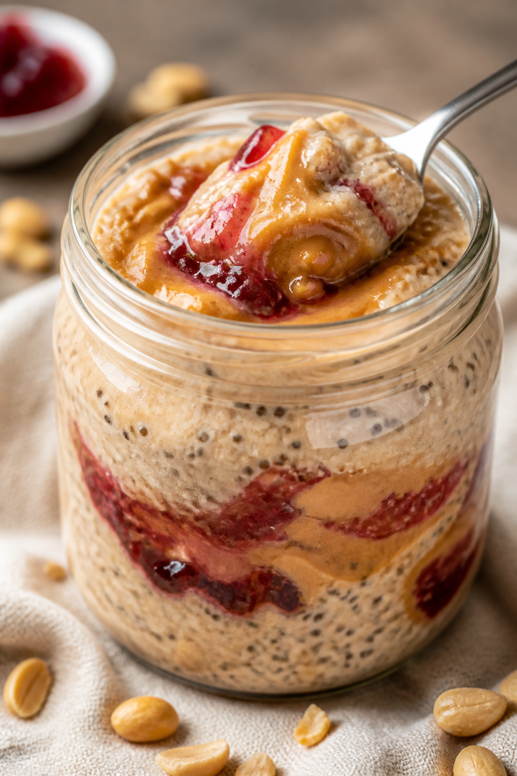 Close-up detail: A spoon scooping through creamy PB&J protein overnight oats inside a clear 12–16 