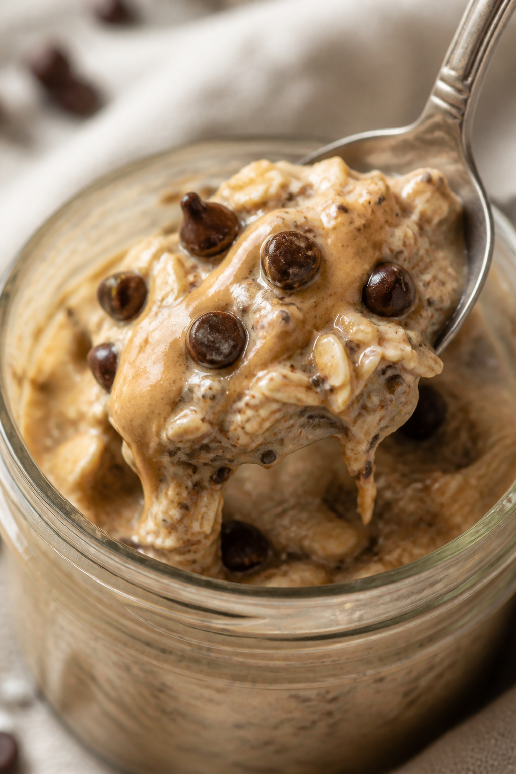 Close-up detail: A spoonful of chocolate chip cookie dough overnight oats lifted from a glass jar, s