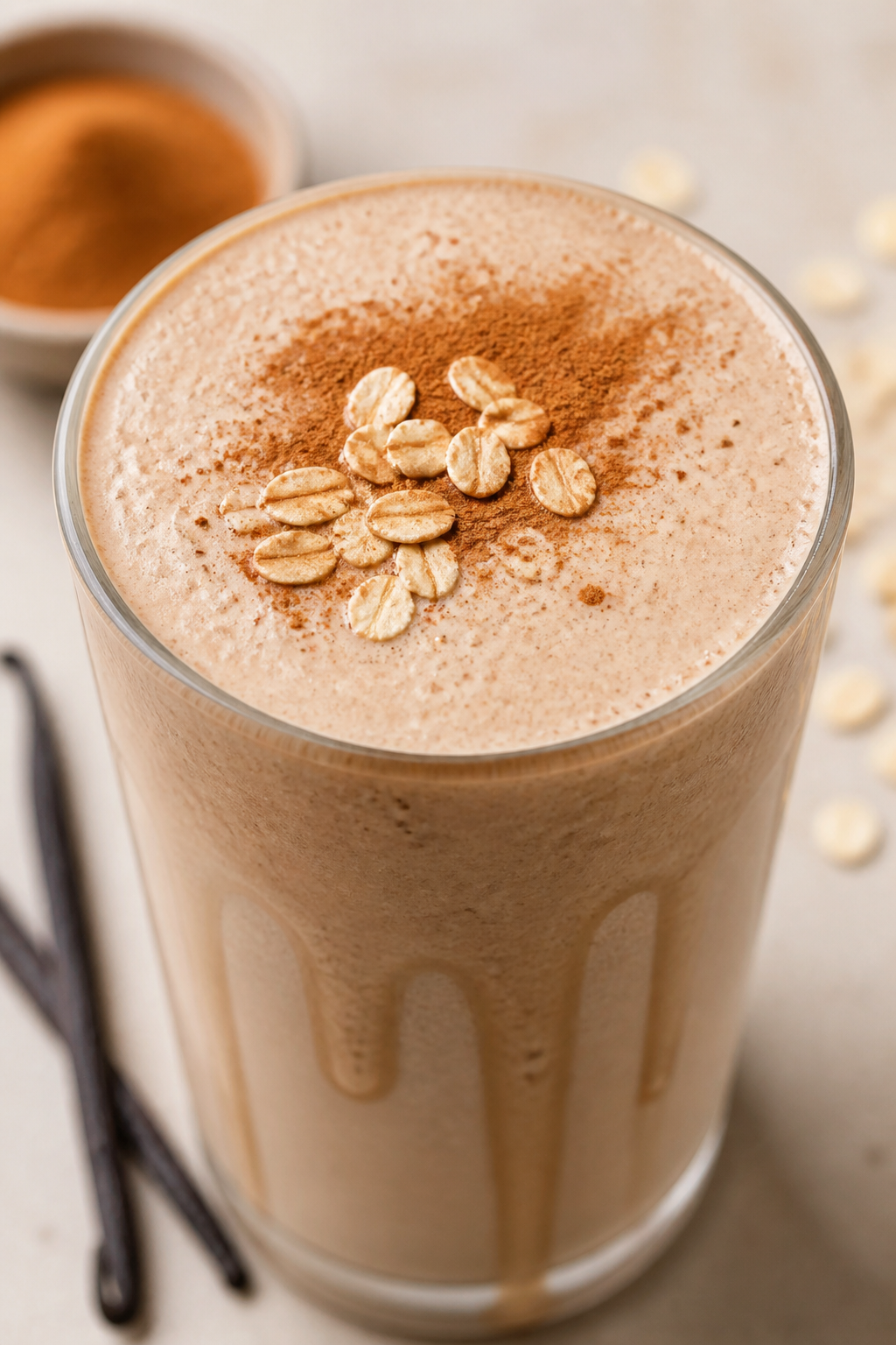Close-up detail: A tall glass of Oatmeal Cookie Protein Shake just poured, ultra-smooth and creamy w