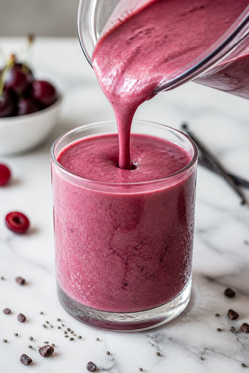 Close-up detail: A thick, creamy cherry vanilla protein smoothie being poured from a blender into a