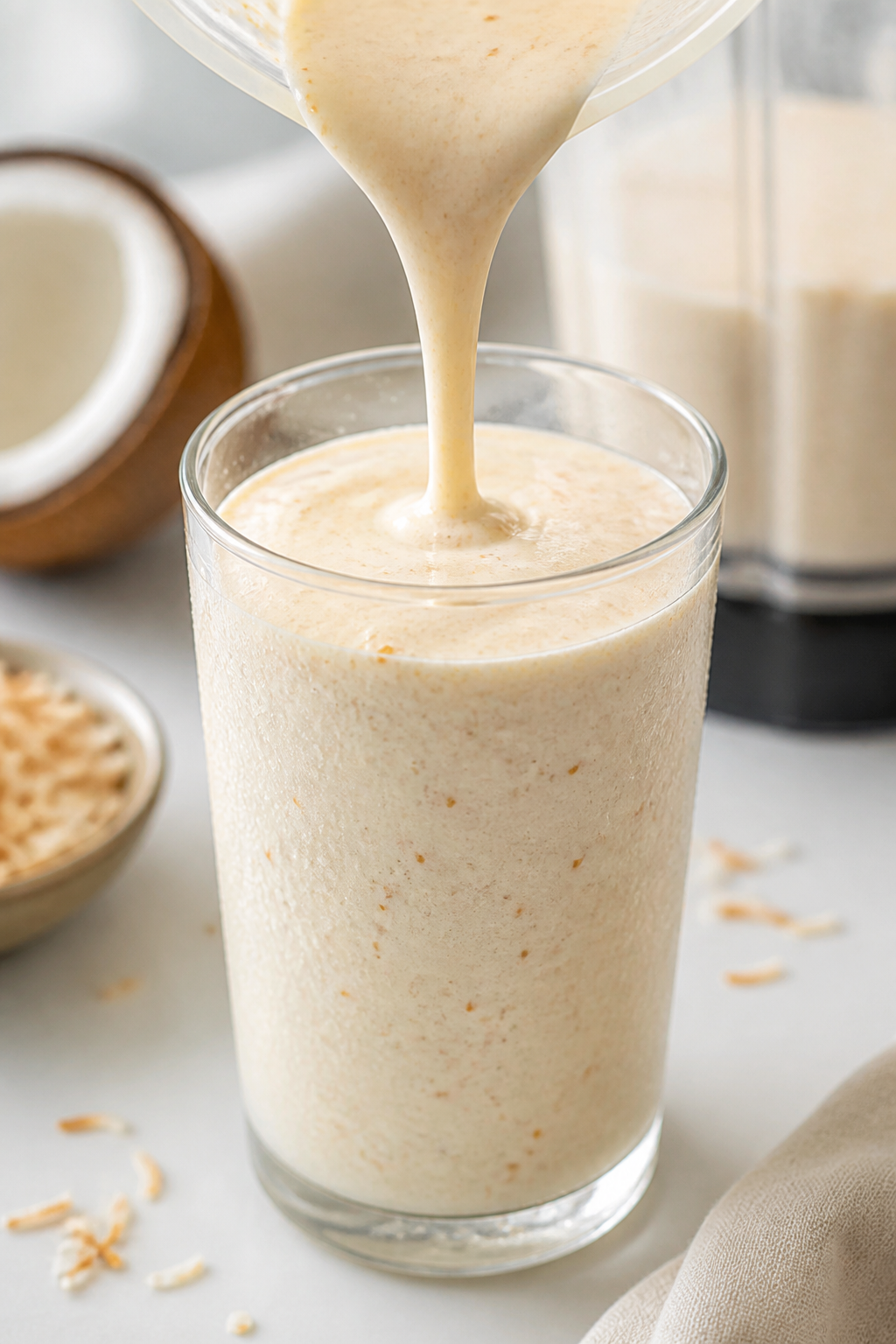 Close-up detail: A thick, creamy Coconut Cream Pie Protein Shake just after blending, being poured i