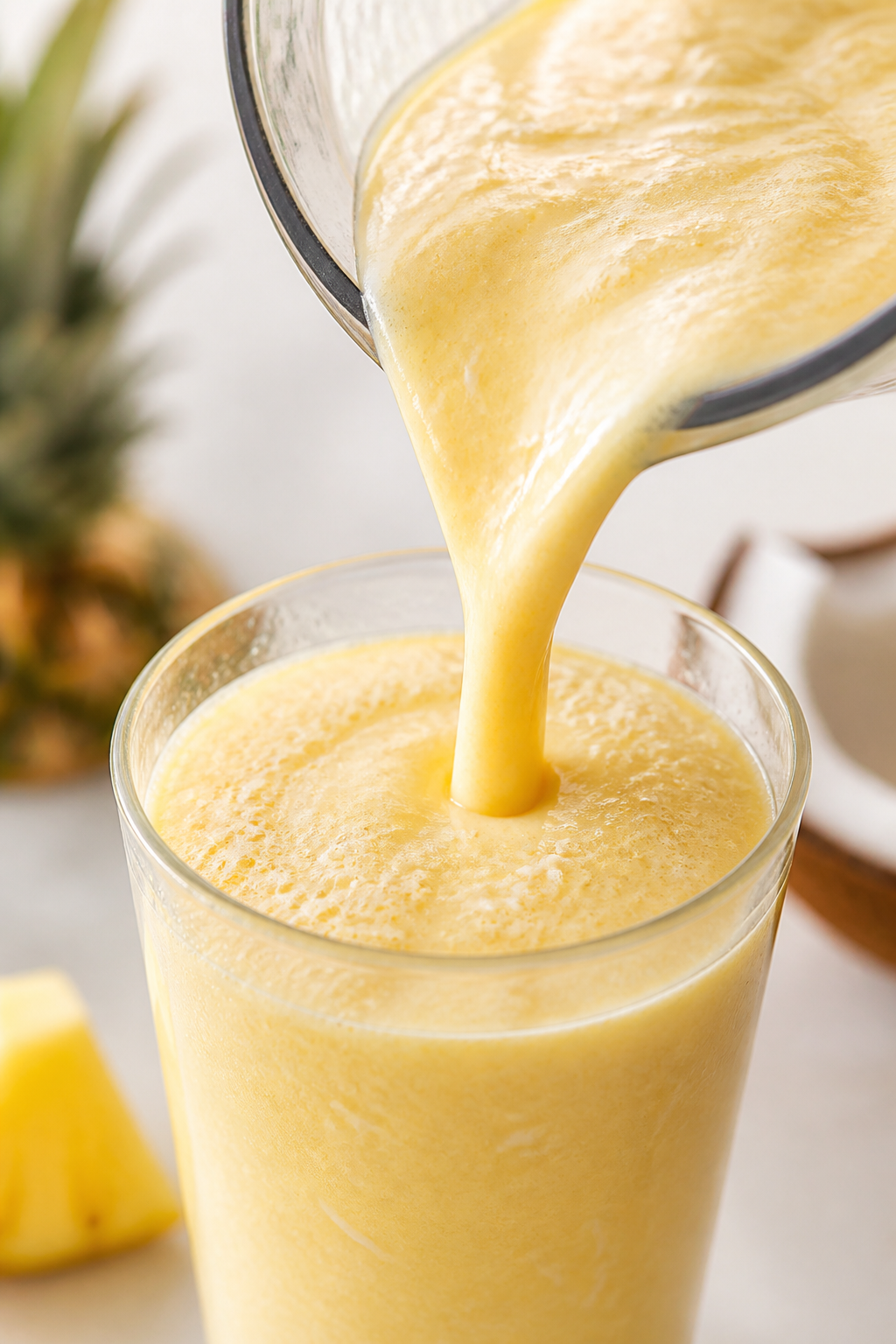 Close-up detail: A thick, creamy Pineapple Coconut Protein Smoothie mid-pour from blender into a chi
