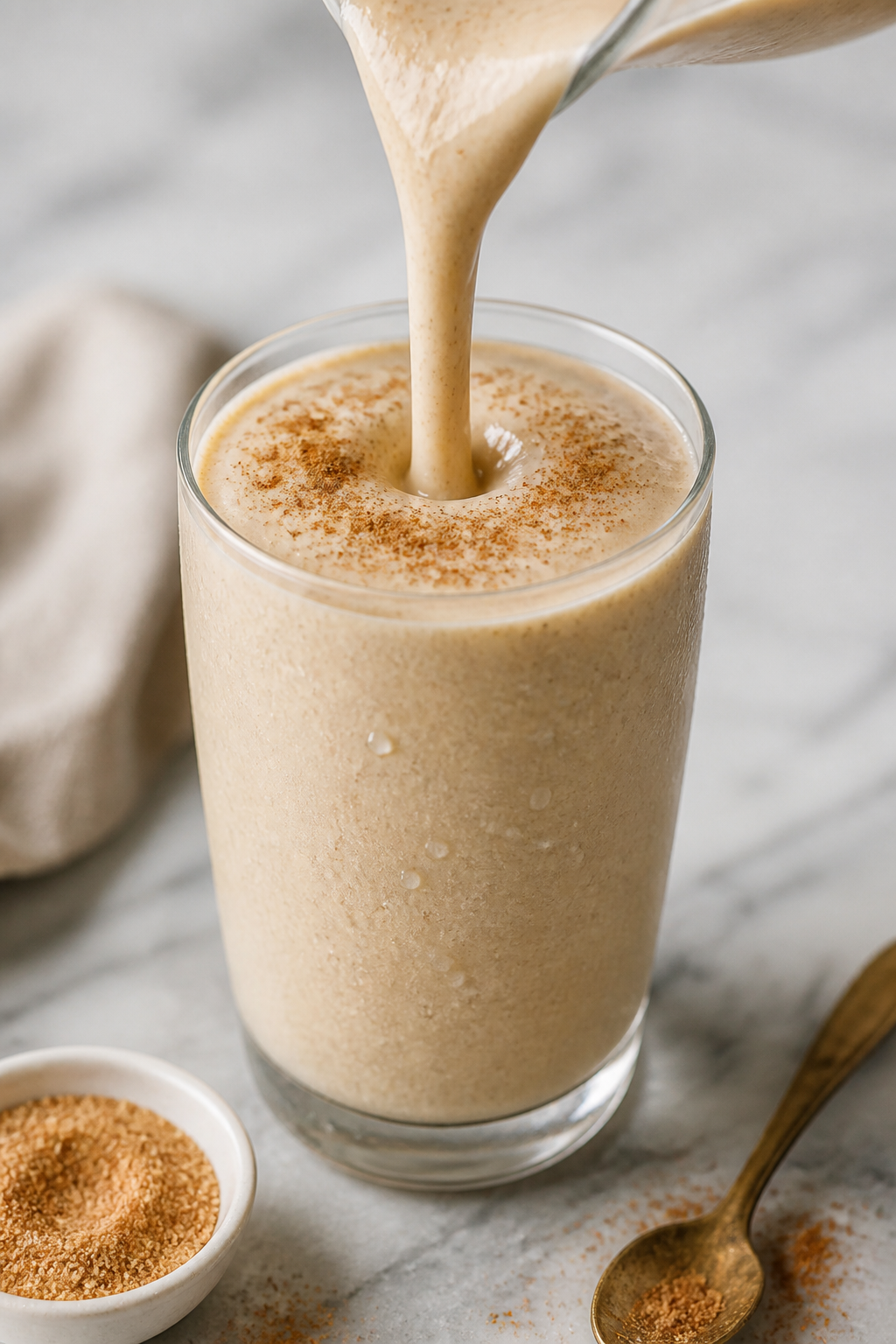 Close-up detail: A thick, creamy Snickerdoodle Protein Smoothie mid-pour into a chilled clear glass,