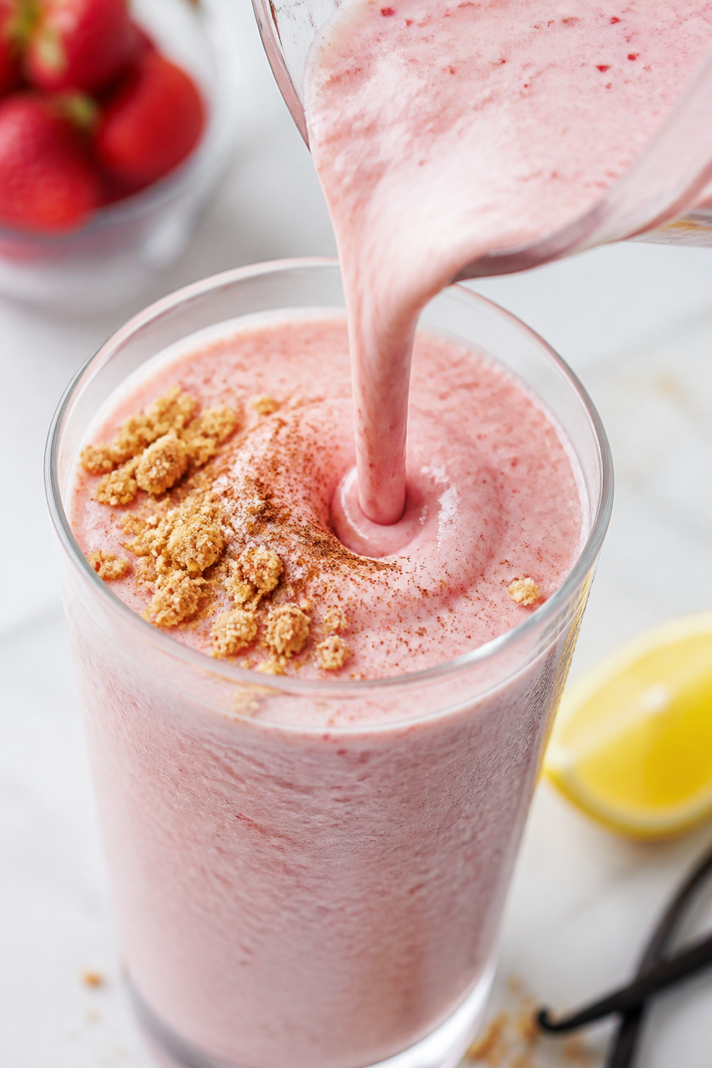 Close-up detail: A thick, creamy strawberry cheesecake protein smoothie mid-pour from a blender into