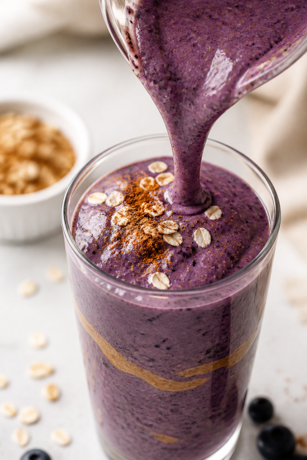 Close-up detail: A thick, freshly blended Blueberry Muffin Protein Smoothie being poured in a silky