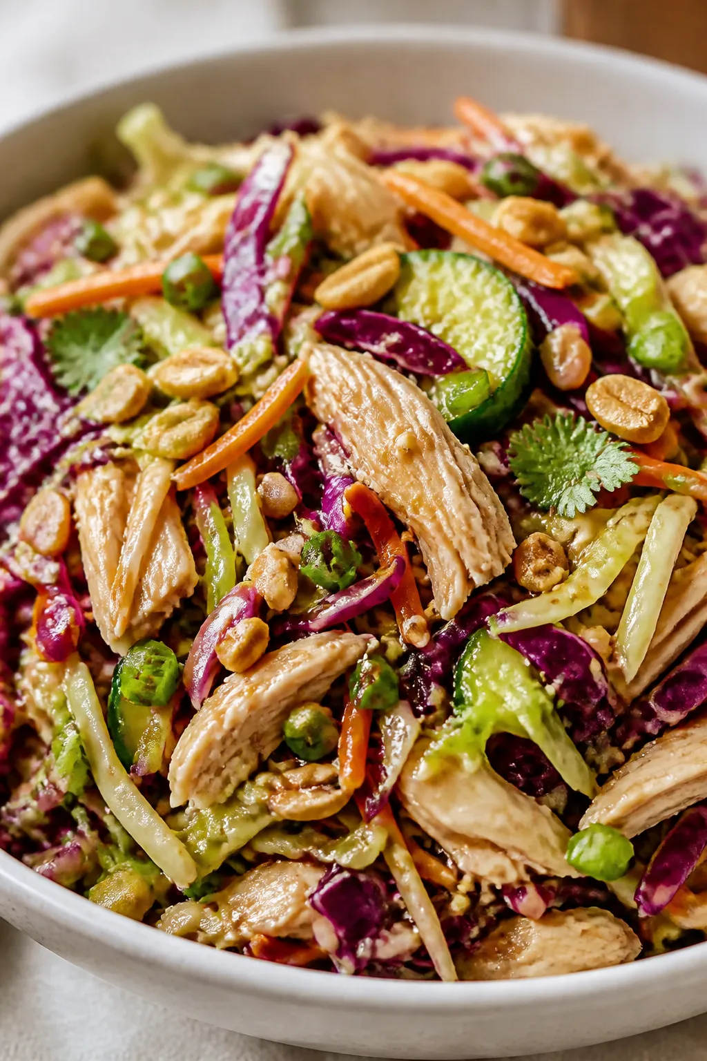 Close-up detail: A tossed Asian Chicken Cabbage Crunch Salad mid-bowl, showing glossy shreds of gree
