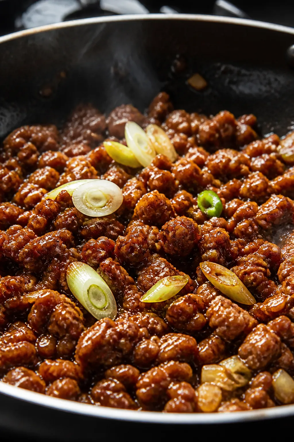 Close-up detail: Caramelized Korean-style ground beef sizzling in a wide skillet right after saucing