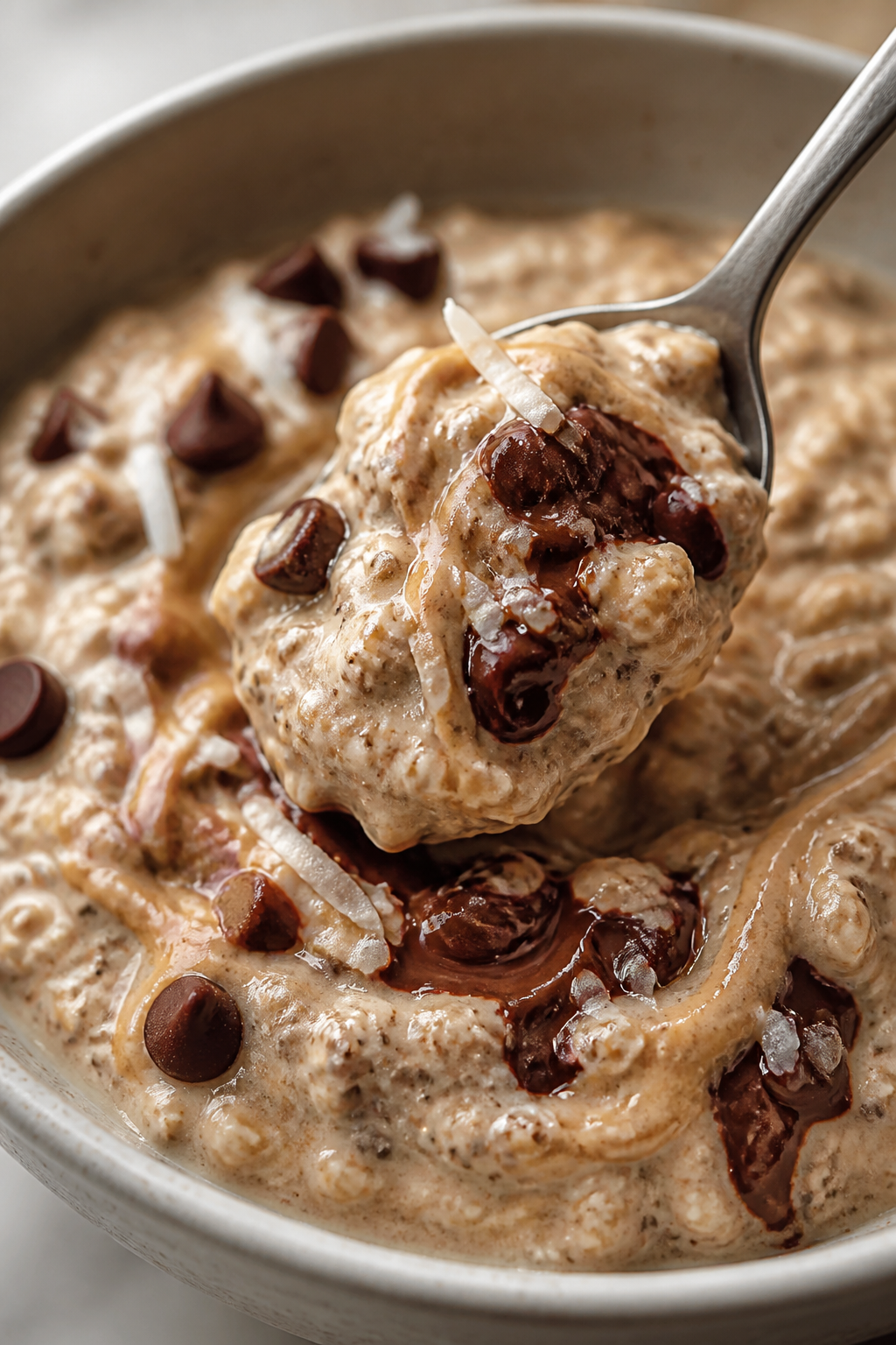 Close-up detail: Creamy Almond Joy high-protein overnight oats just stirred in the morning, thick pu