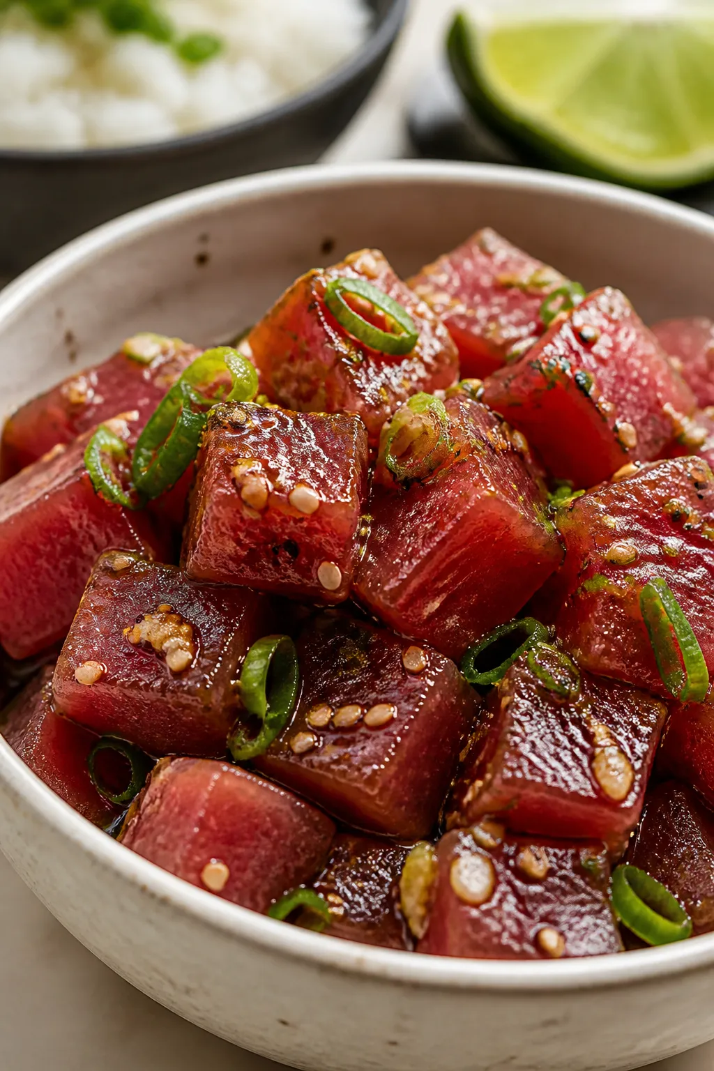Close-up detail: Glossy, marinated ahi tuna cubes (sushi-grade) just out of a brief 10–15 minute c