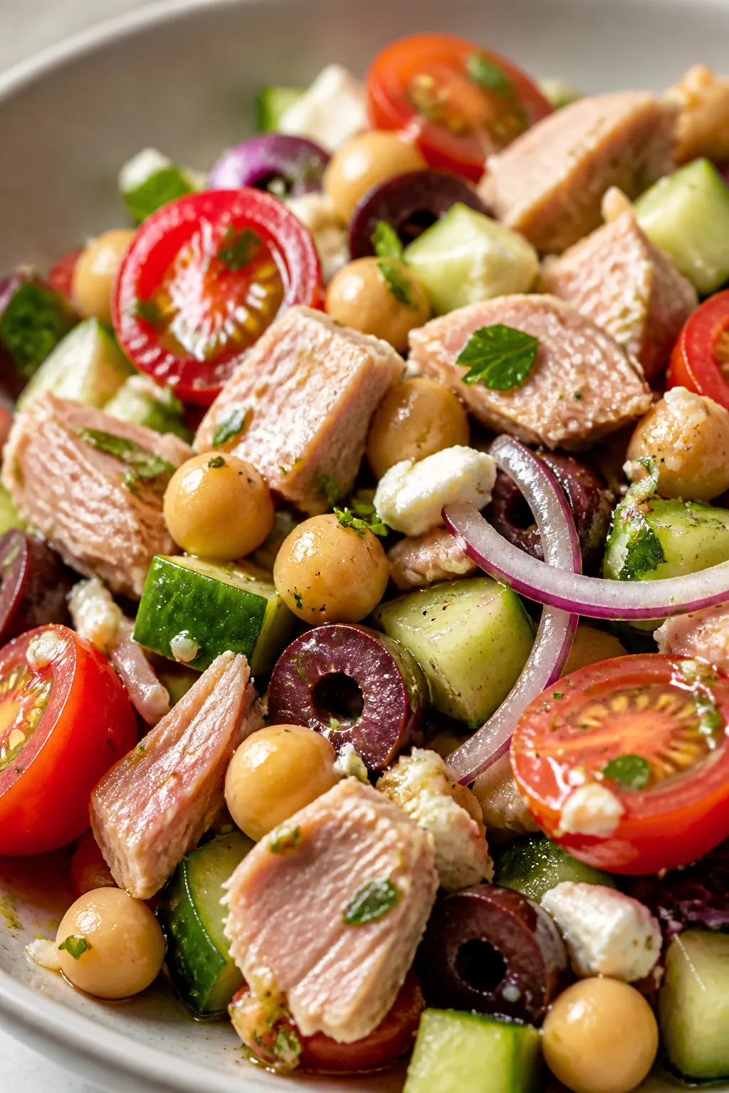 Close-up detail: Glossy tuna and chickpea salad just after tossing with lemon-oregano dressing—chu