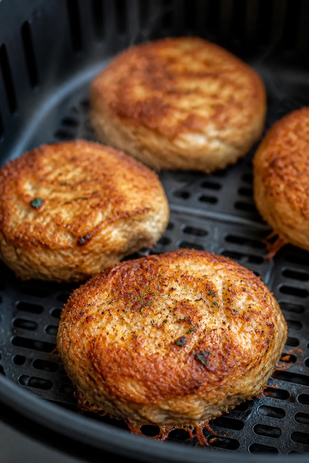 Close-up detail: Golden-brown air-fried Parmesan tuna patties just flipped in the air fryer basket a