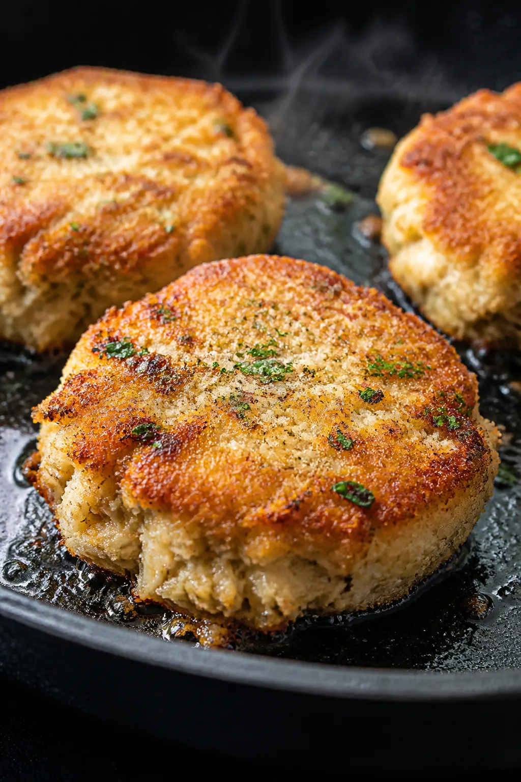 Close-up detail: Golden-brown Garlic Parmesan tuna patties sizzling in a cast-iron skillet, mid-cook
