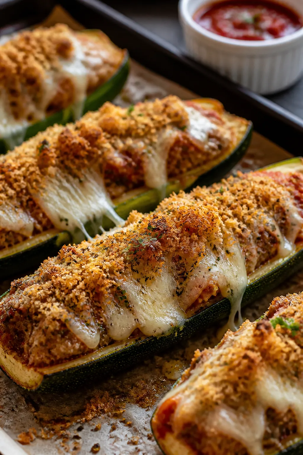 Close-up detail: Golden-browned Chicken Parmesan Stuffed Zucchini boats just out of the oven, bubbli