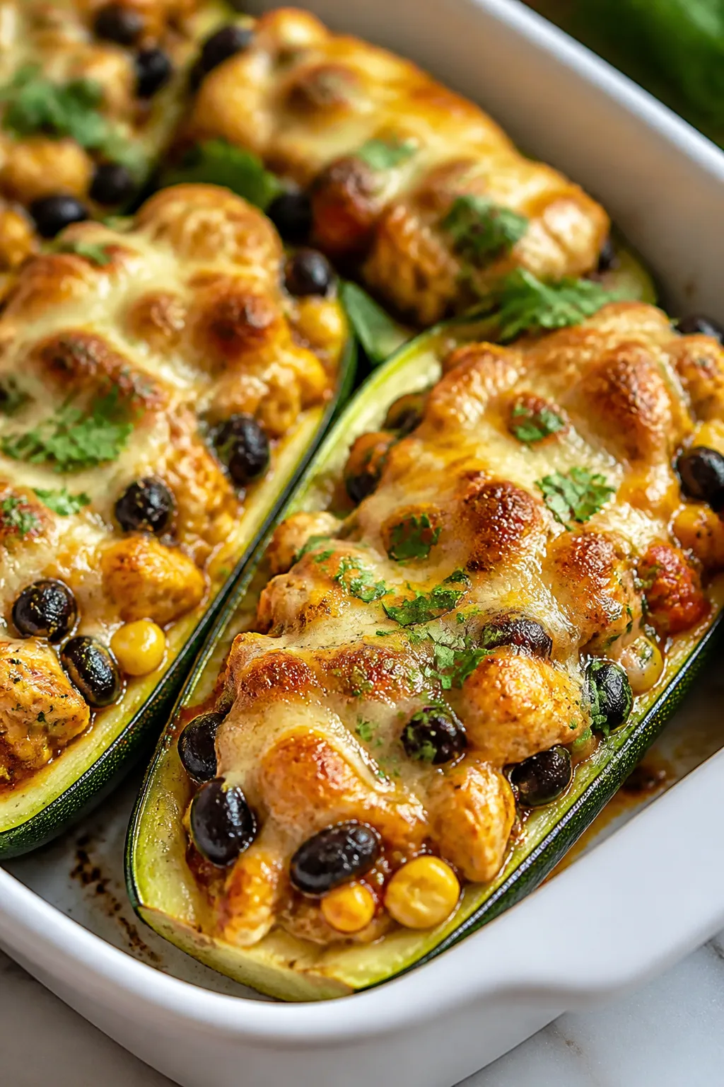 Close-up detail: Golden-bubbly Southwest Chicken Zucchini Boats just out of the oven, cheese melted 
