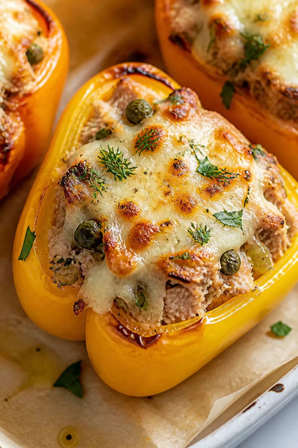 Close-up detail: Golden, cheese-topped tuna-stuffed bell pepper just out of the oven, melted mozzare