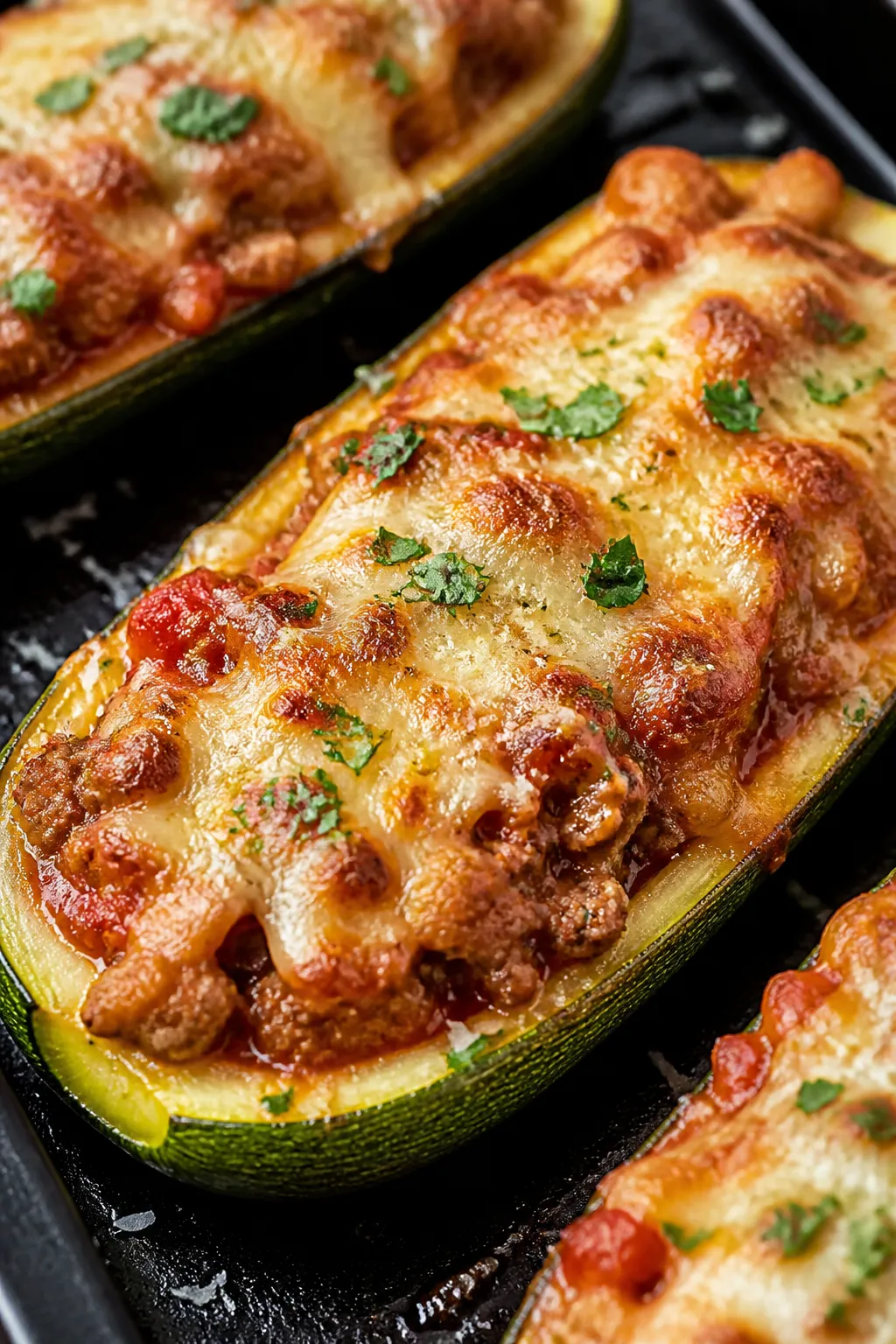 Close-up detail: Golden, melty cheese-topped ground turkey zucchini boats just out of the oven, bubb