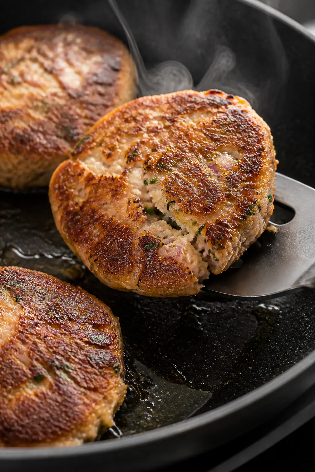 Close-up detail: Golden, pan-fried tuna cakes sizzling in a nonstick skillet over medium heat, crisp