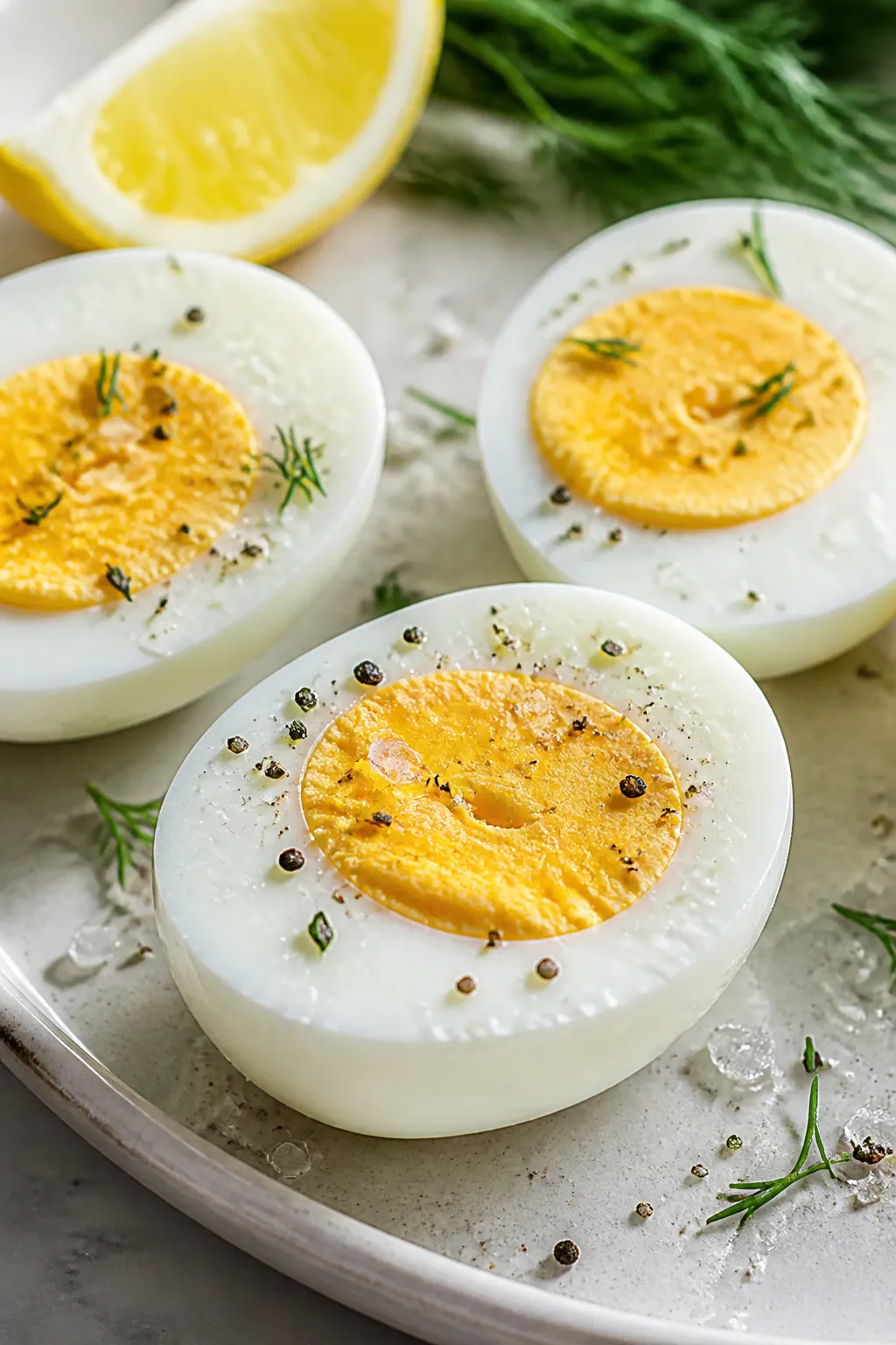 Close-up detail: Halved hard-boiled eggs just peeled from an ice bath, yolks creamy and centered, be