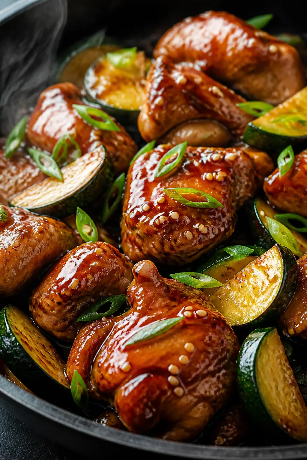 Close-up detail: Honey garlic chicken glazed in a glossy, thickened sauce, chicken thigh pieces with
