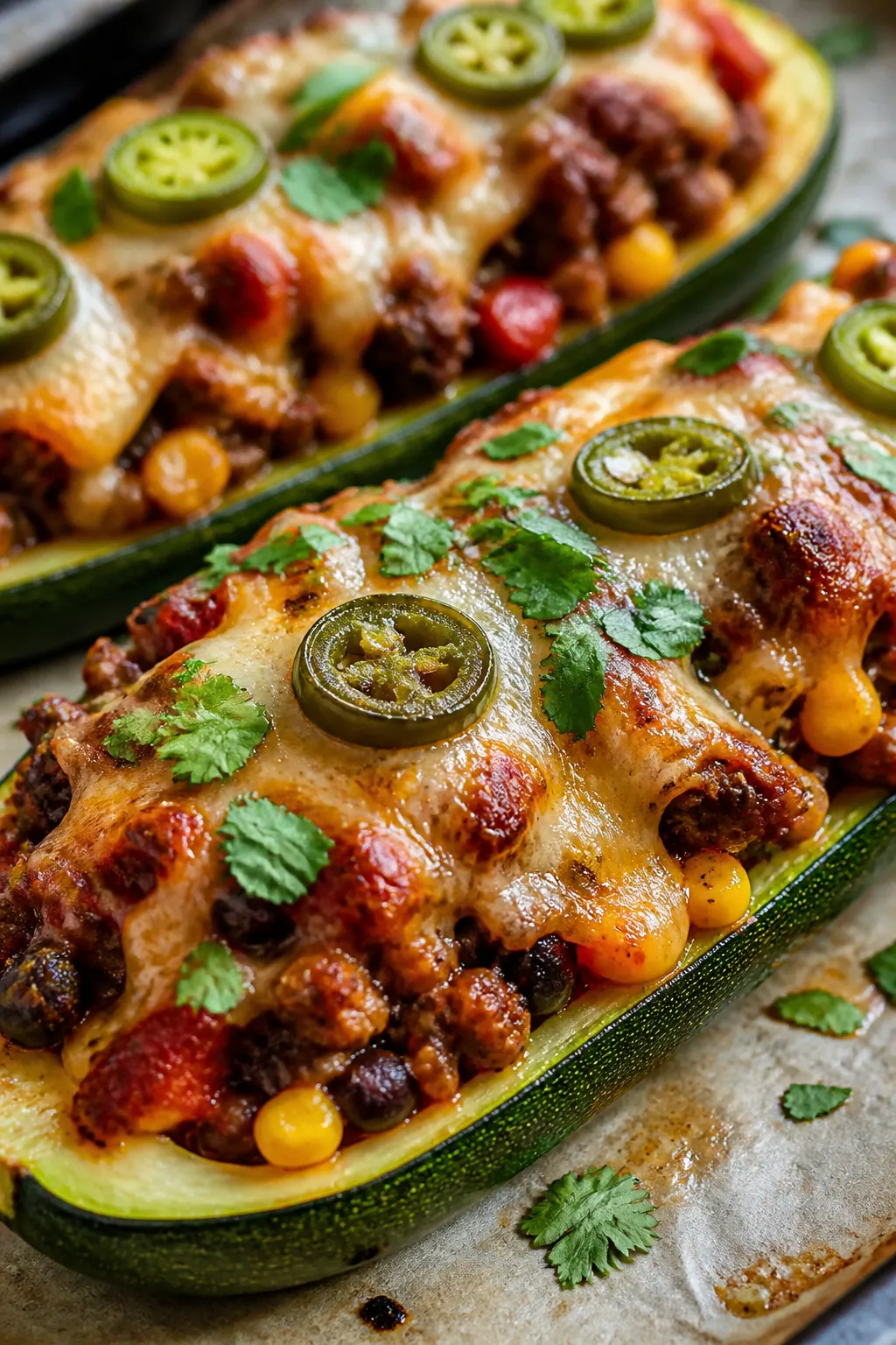 Close-up detail: Melted-cheese-topped ground beef burrito filling mounded inside roasted zucchini bo