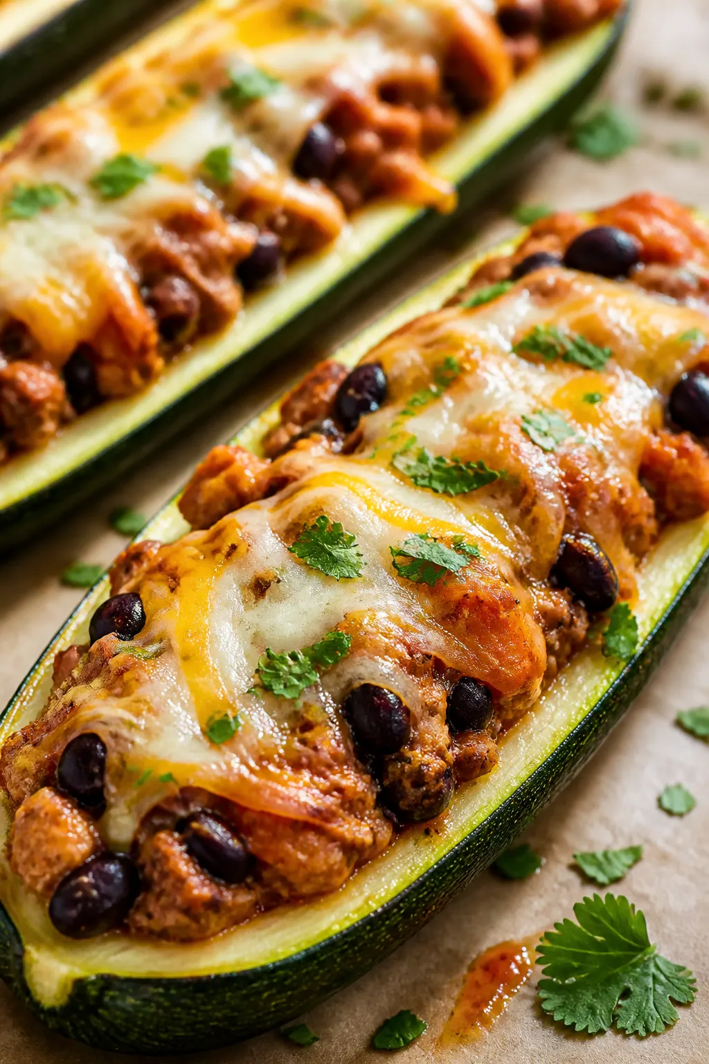 Close-up detail: Melted-cheese-topped zucchini taco boat fresh from the oven, showing glossy, taco-s