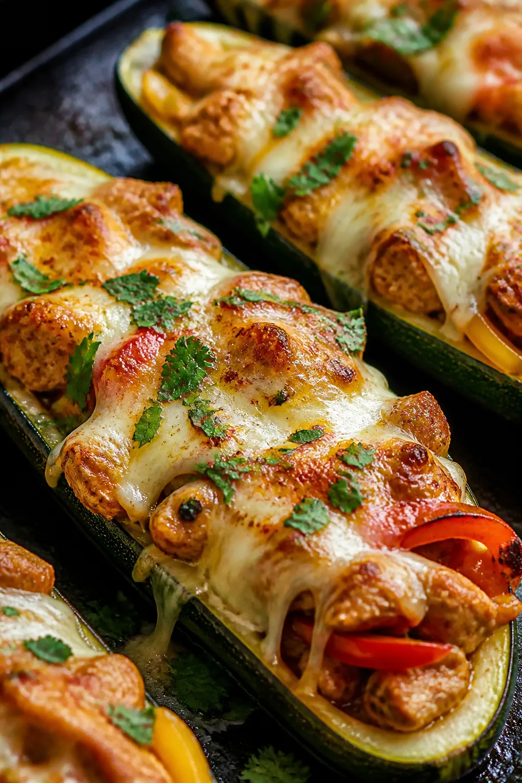 Close-up detail: Melted Monterey Jack bubbling over stuffed zucchini boats fresh from the oven, chee