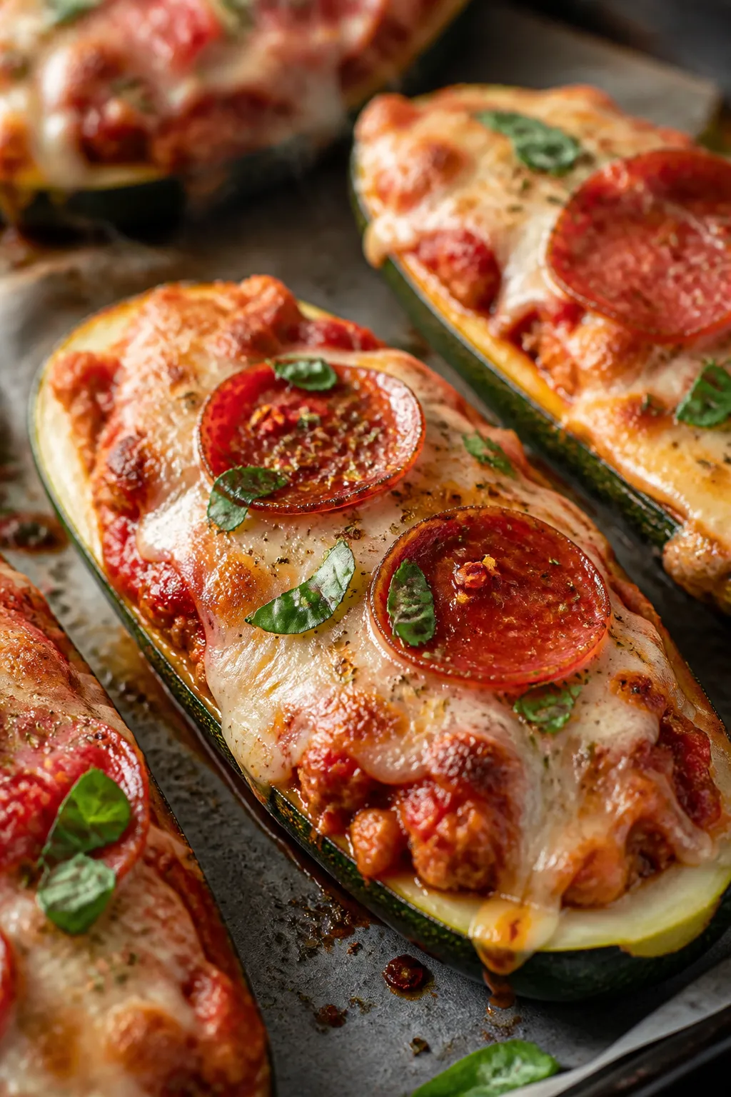 Close-up detail: Melted mozzarella and Parmesan bubbling and lightly golden on stuffed zucchini pizz