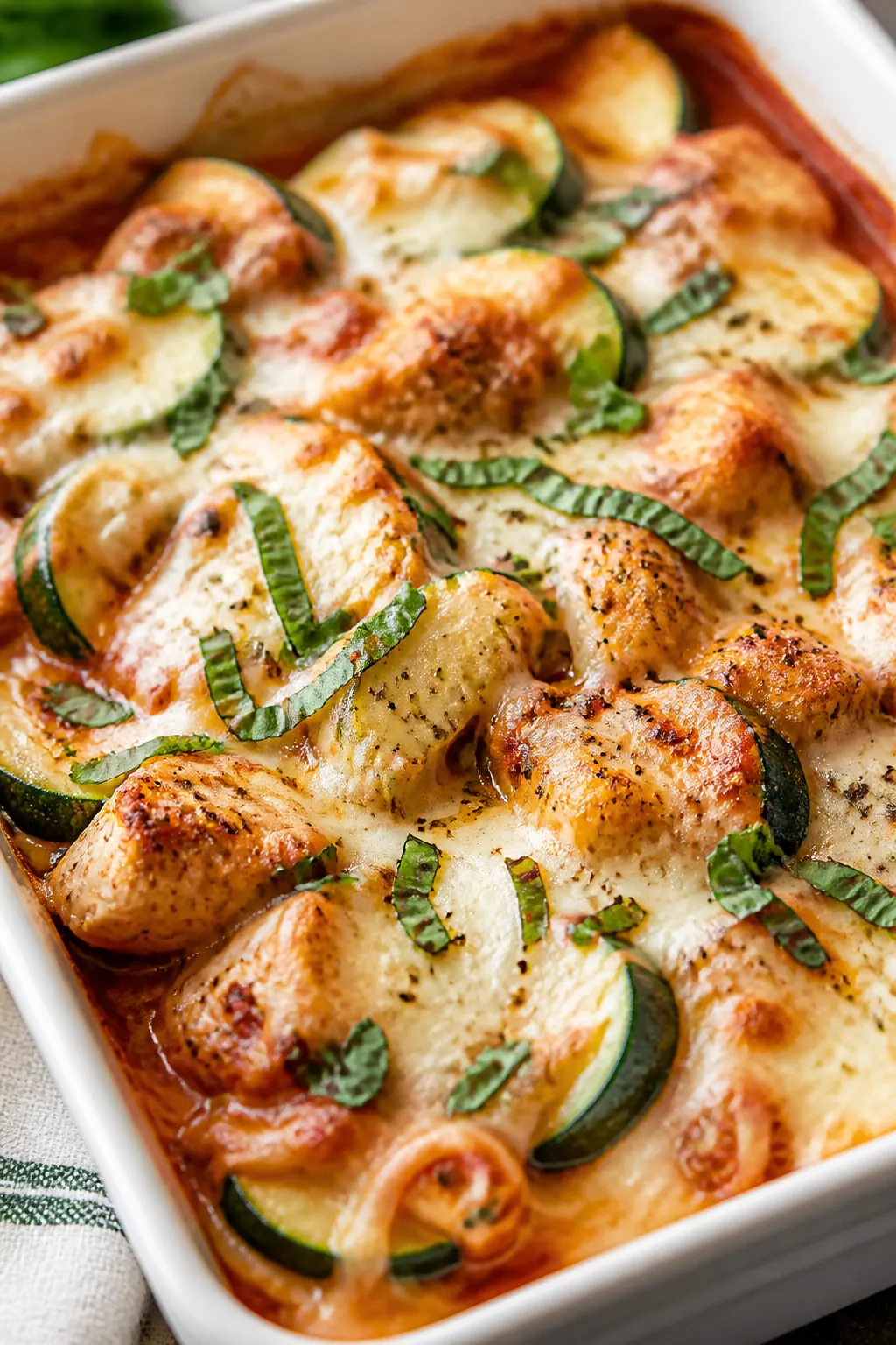 Close-up detail: Melty mozzarella bubbling over tender zucchini and chicken in a 9x13 baking dish, c