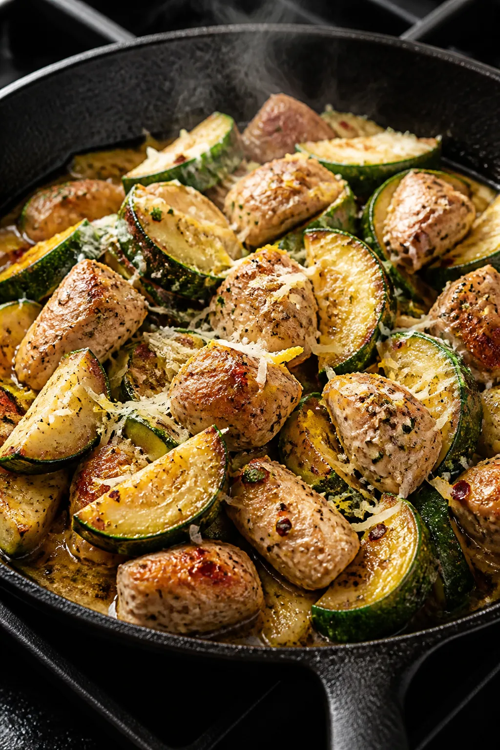 Close-up detail: Seared chicken bites and golden-edged zucchini half-moons in a sizzling skillet, co