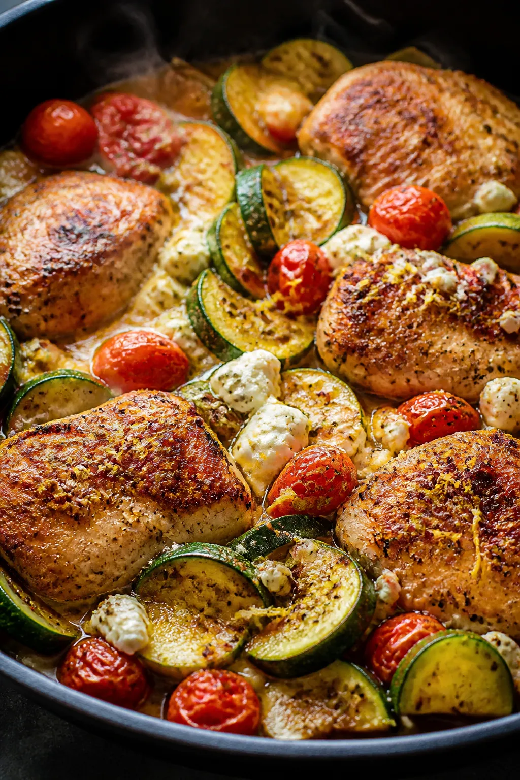Close-up detail: Seared chicken pieces nestled with crisp-tender zucchini half-moons and burst cherr