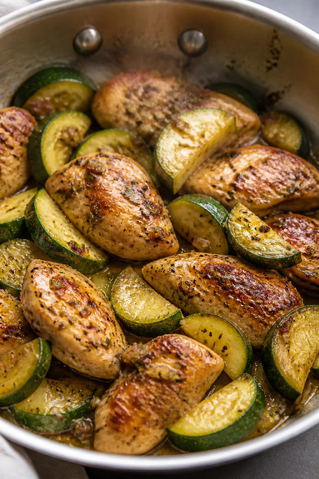 Close-up detail: Seared garlic-butter chicken pieces nestled with crisp-tender zucchini half-moons i