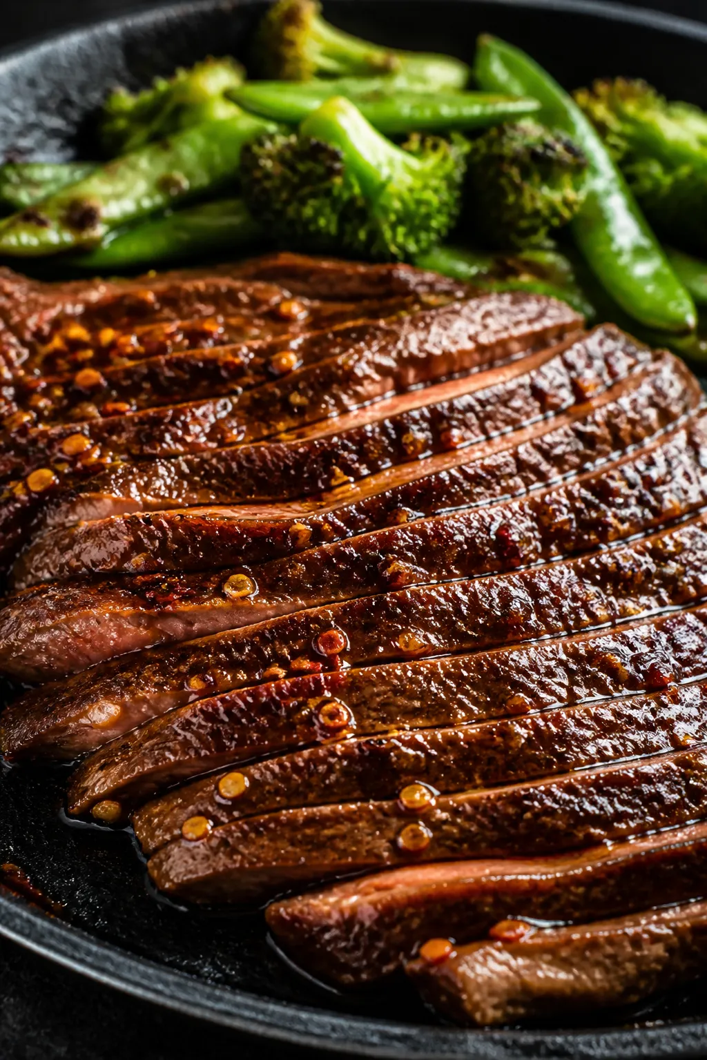 Close-up detail: Searing thin-sliced flank steak in a smoking-hot skillet, deep mahogany crust on th