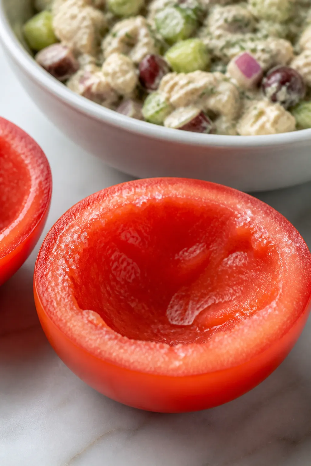 Close-up detail shot: A halved tomato shell just after prep, neatly hollowed, salted, and patted dry