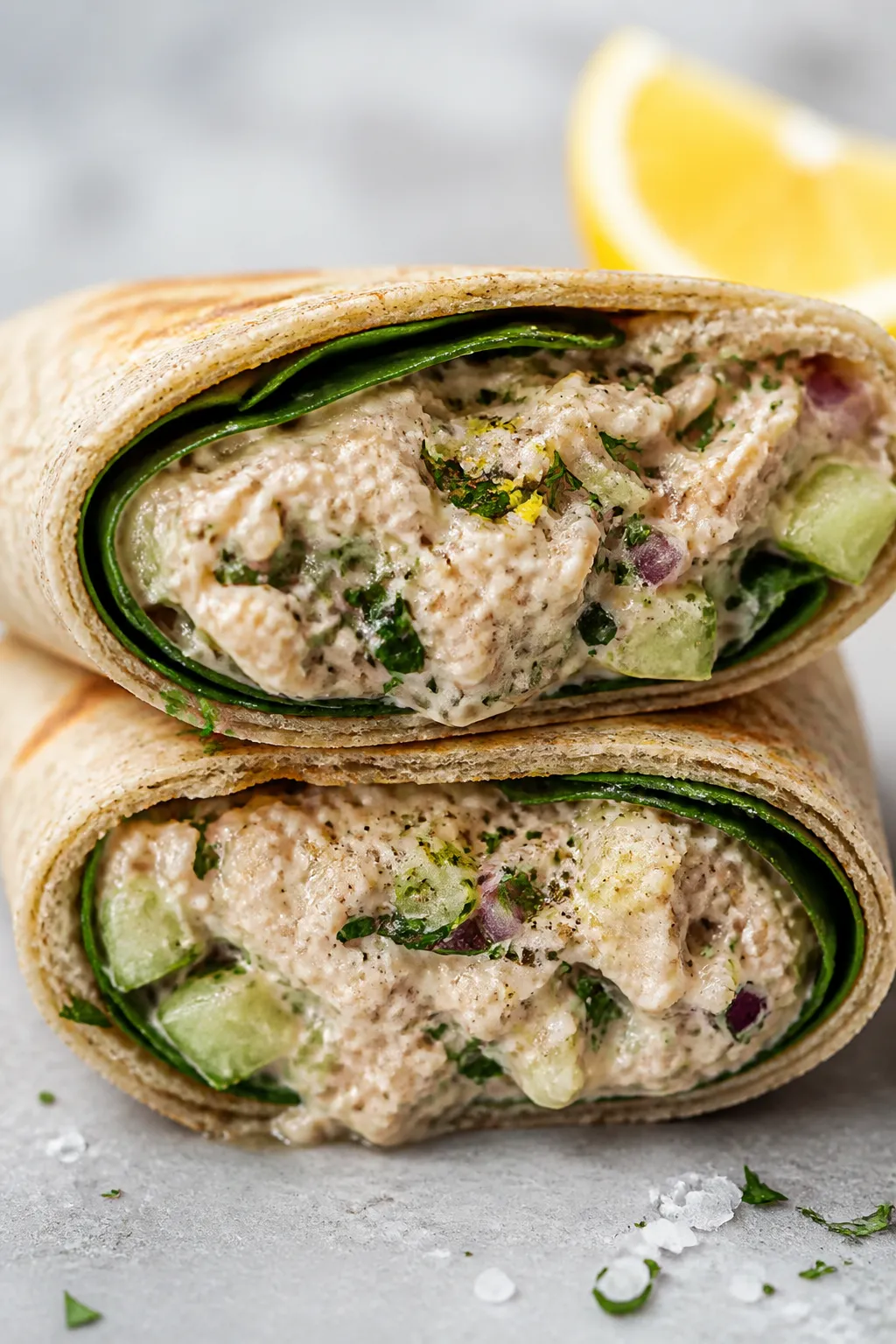 Close-up detail shot: A just-assembled high-protein tuna wrap cut on a slight diagonal, showing the