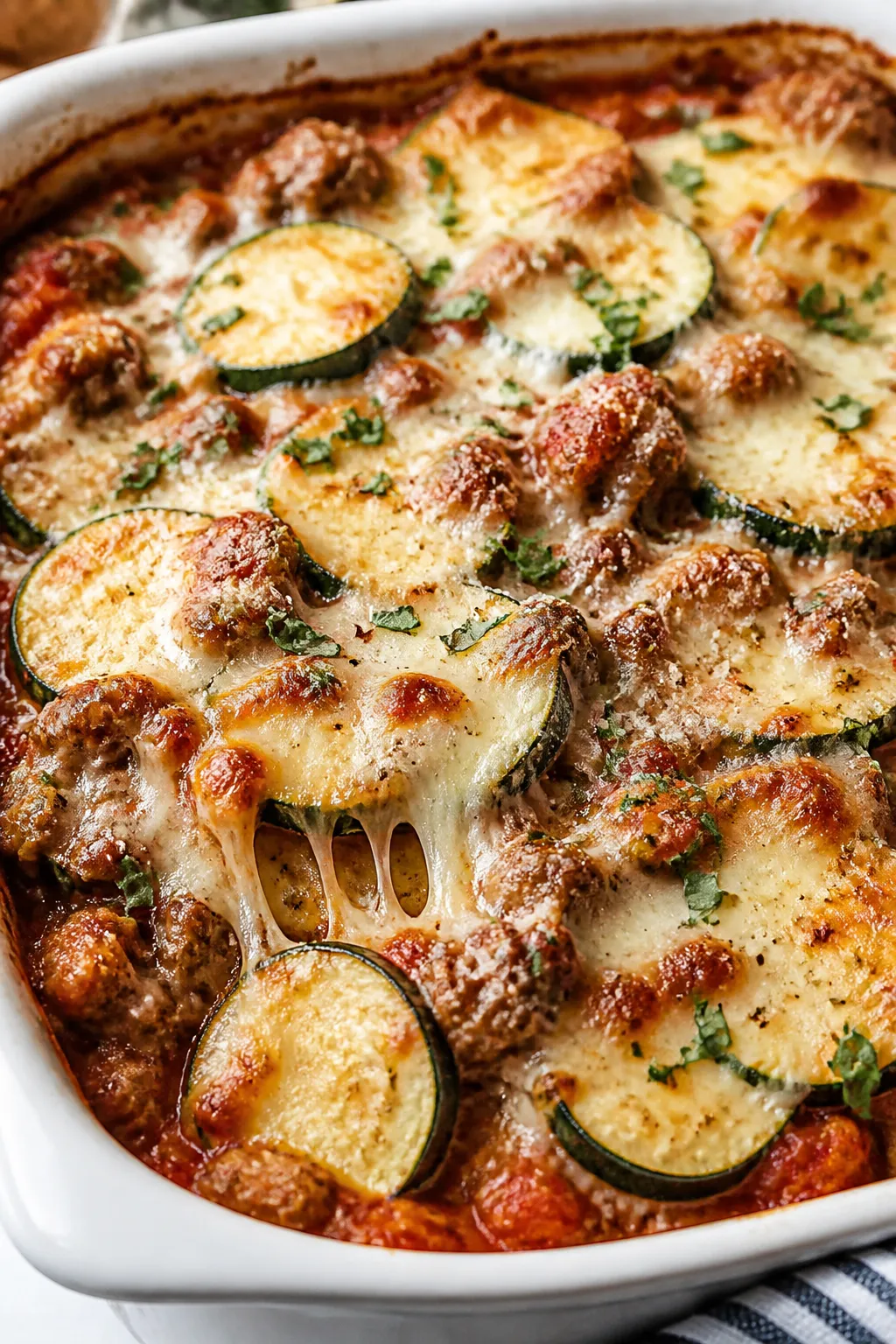Close-up detail shot: Broiled, bubbling Italian Sausage Zucchini Bake just out of the oven, cheese l