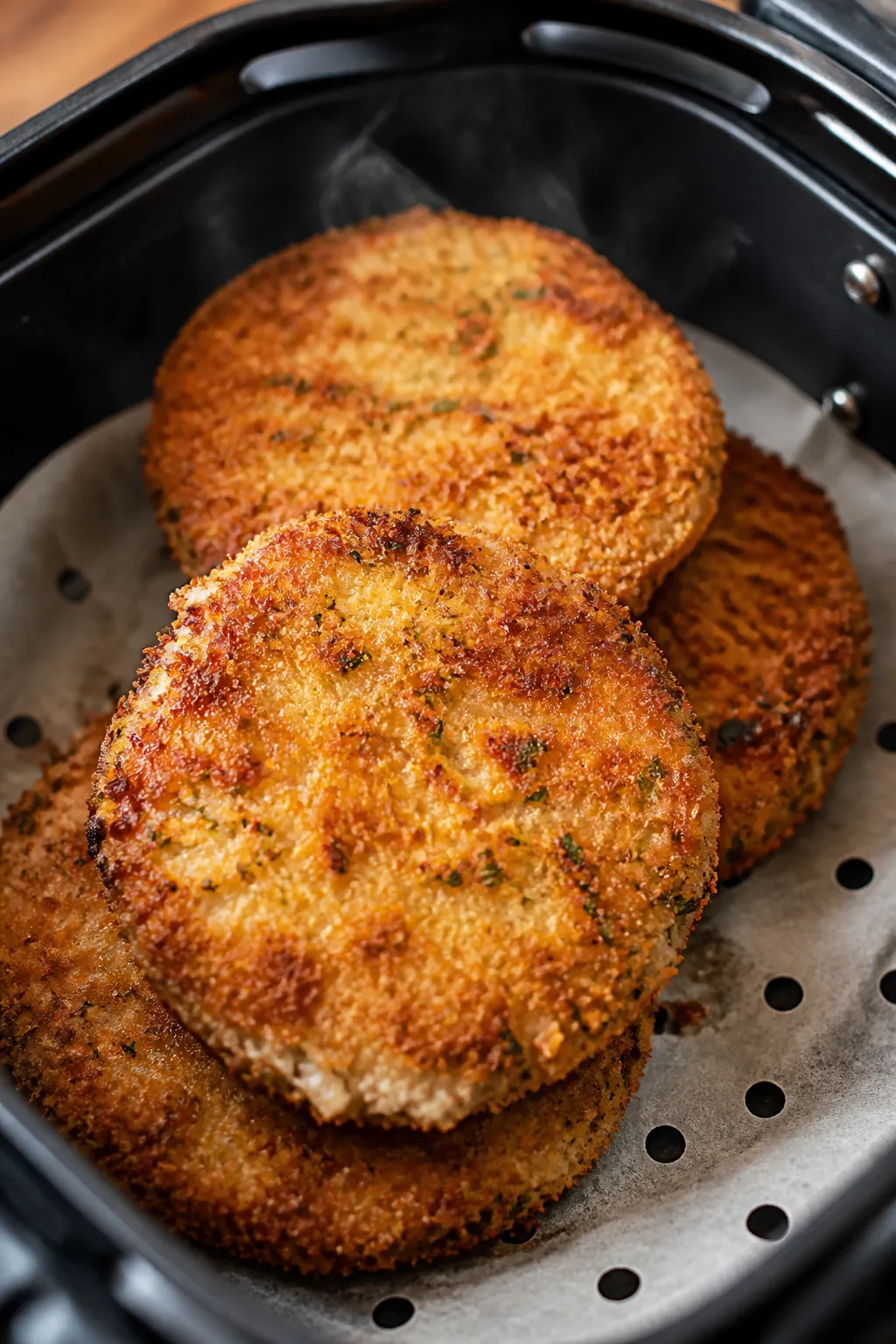 Close-up detail shot: Golden, crispy air fryer tuna patties just after cooking, stacked slightly ove