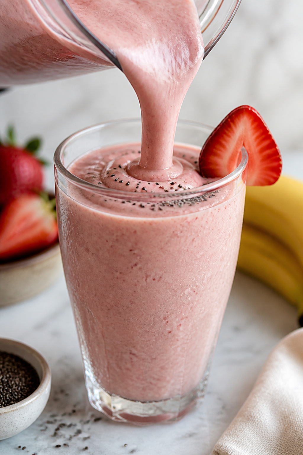 Close-up detail shot of a freshly blended strawberry banana protein shake being poured in a smooth r