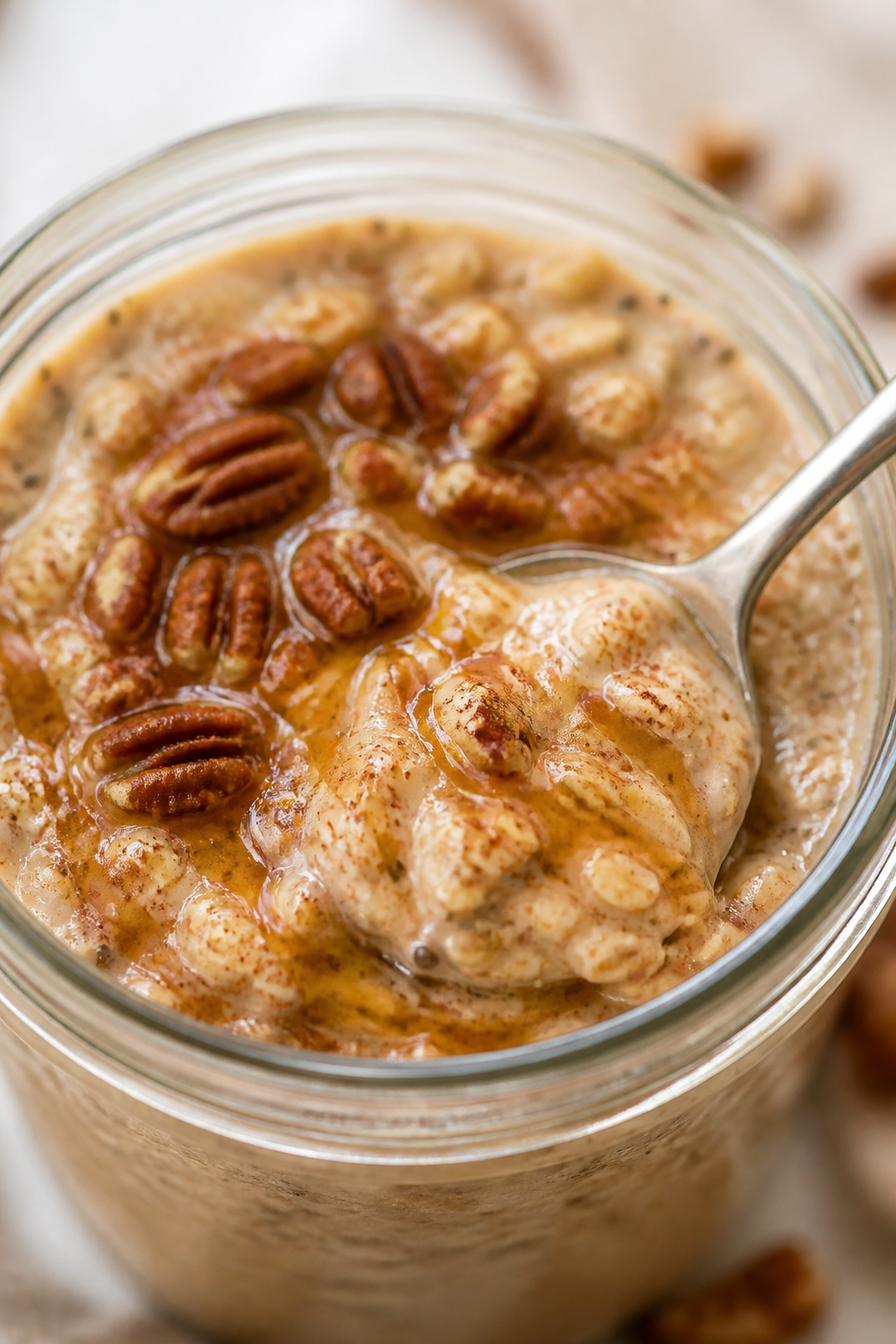 Close-up detail shot of creamy maple brown sugar protein overnight oats just after stirring in the m