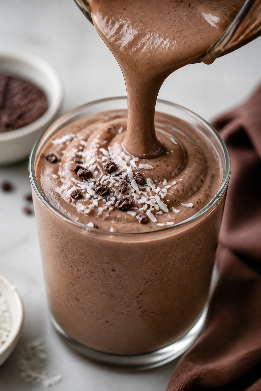Close-up detail shot of the Chocolate Almond Joy Protein Shake being poured in a slow ribbon into a 