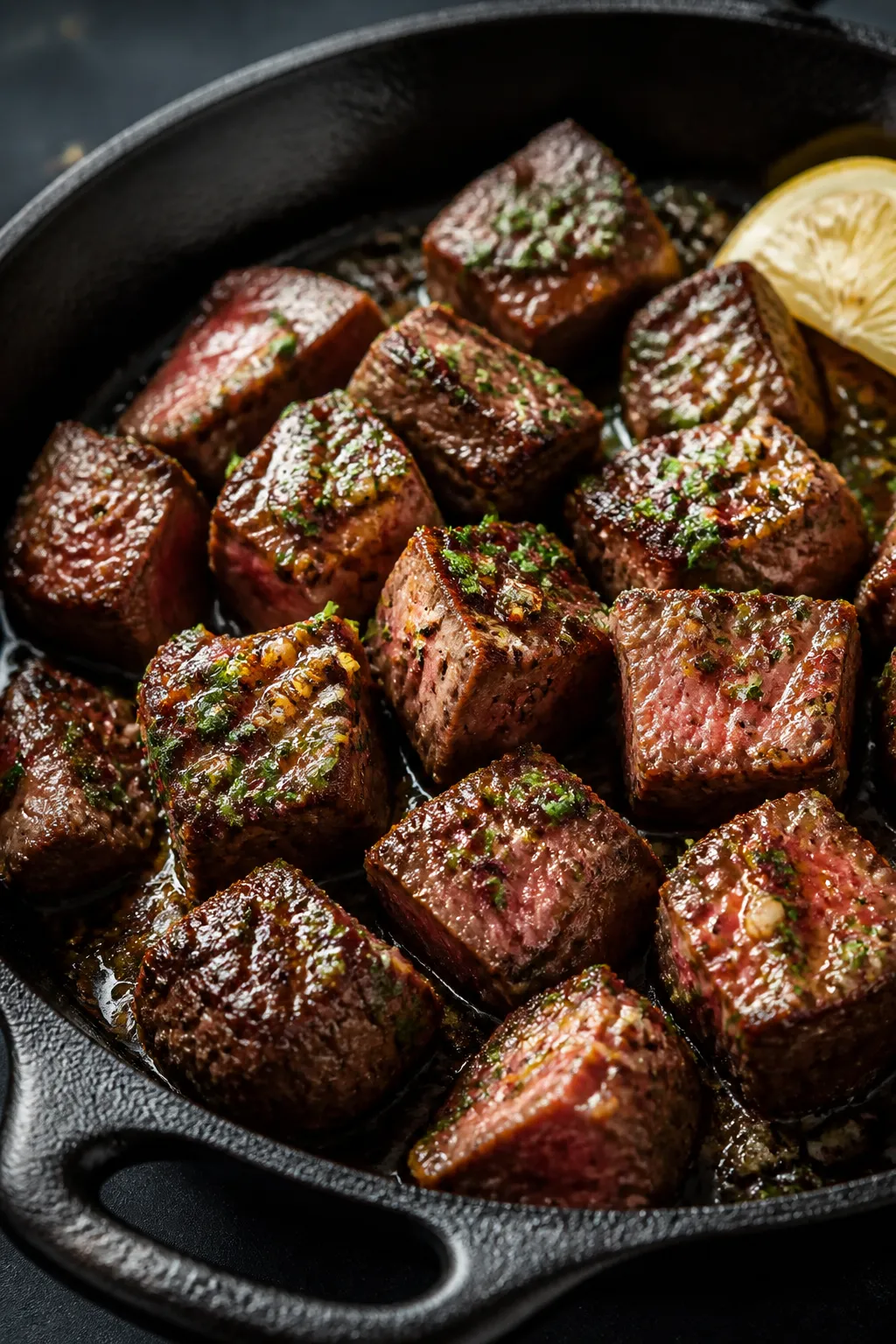 Close-up detail shot: Sizzling garlic butter steak bites finishing in a cast-iron skillet, medium-ra