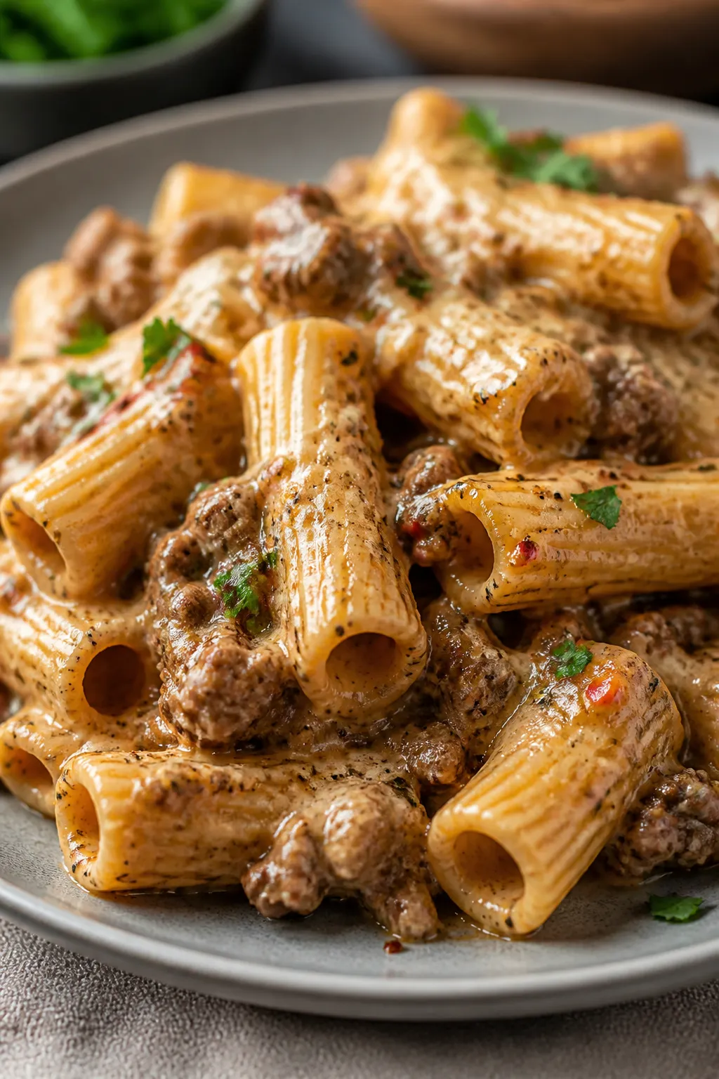 Close-up detail: Silky creamy beef sauce clinging to ridged rigatoni, browned beef crumbles with car