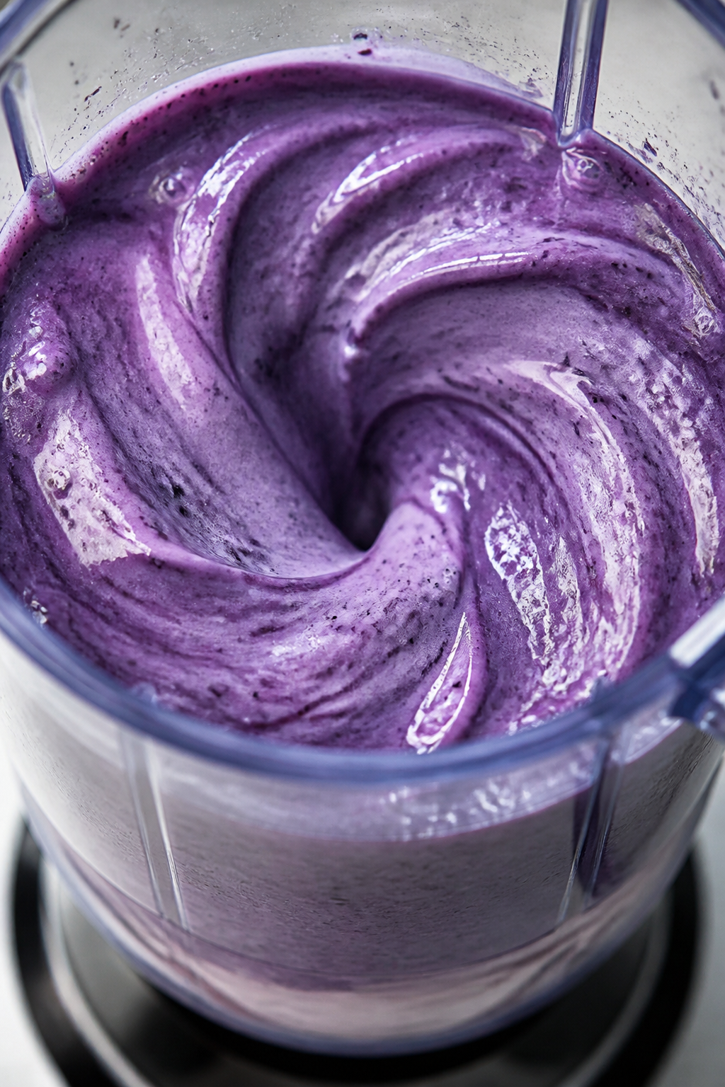 Close-up detail: Silky lemon blueberry protein smoothie mid-blend in a clear high-speed blender, sho