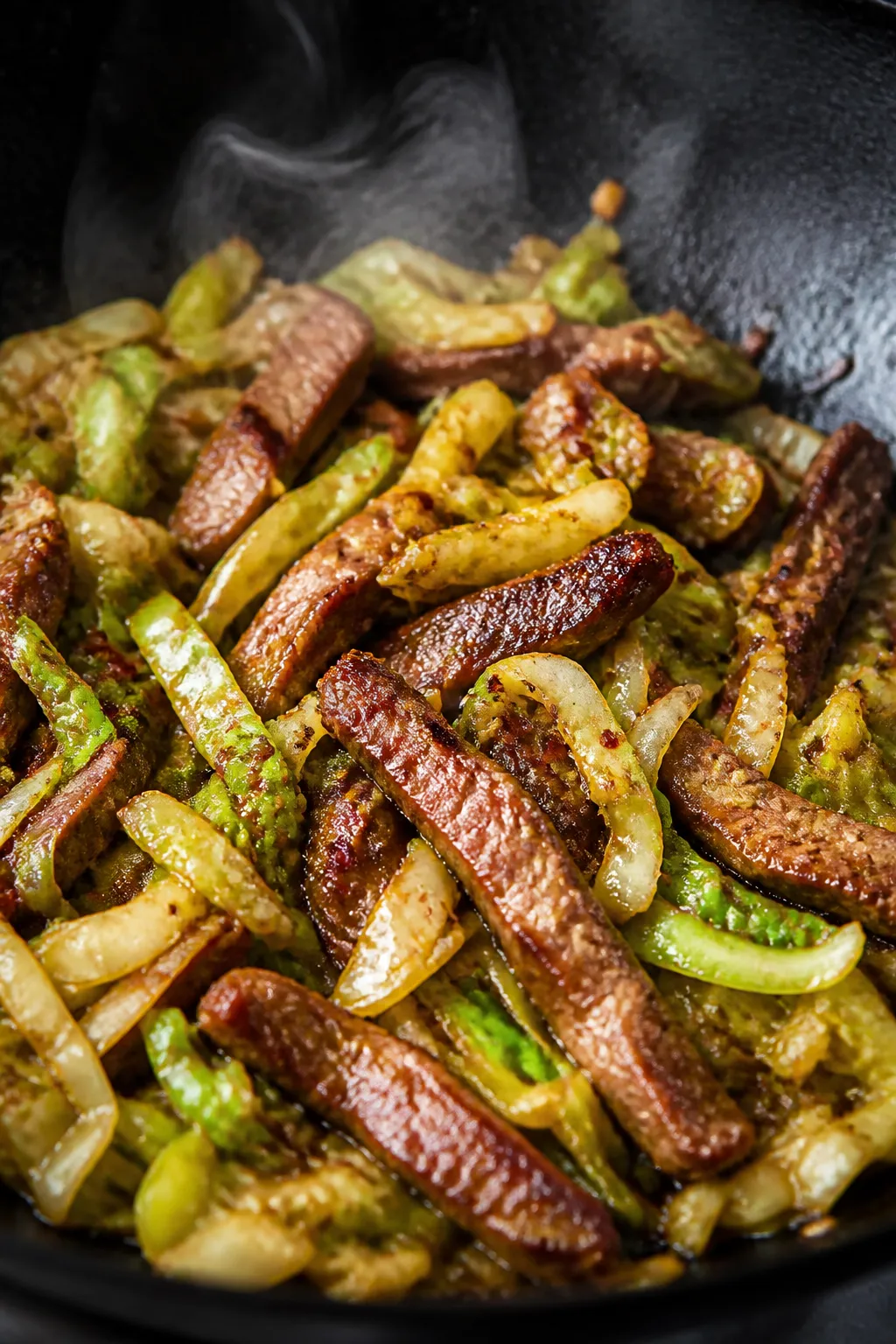 Close-up detail: Sizzling beef and cabbage stir fry mid-cook in a dark seasoned wok, thin browned st