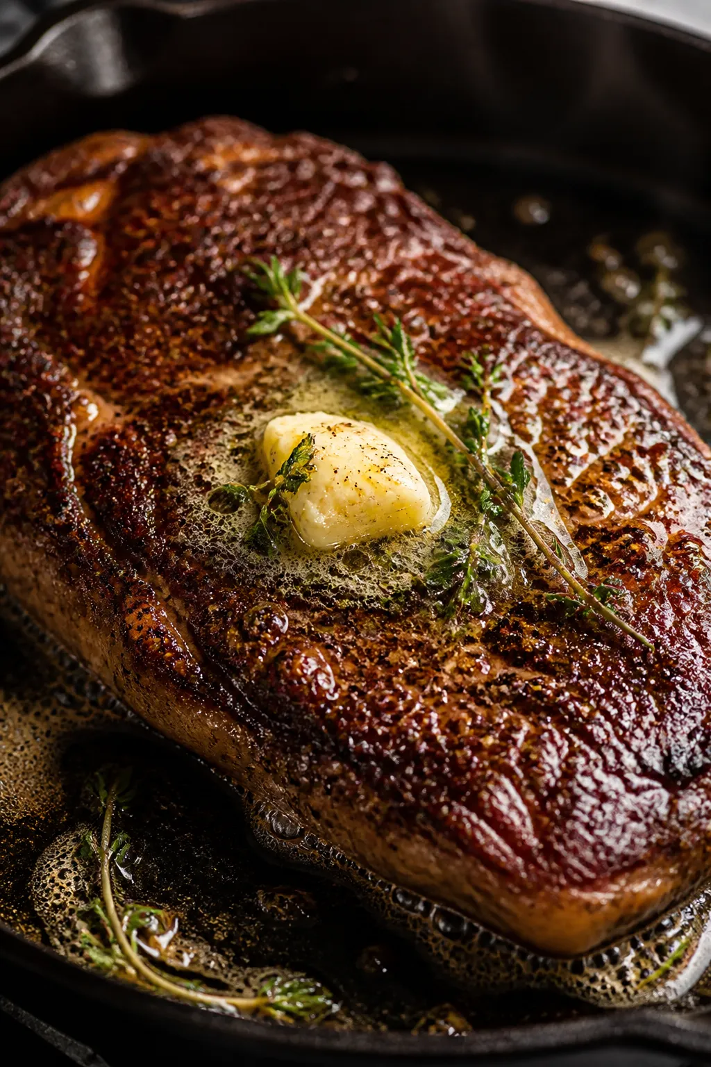 Close-up detail: Sizzling blackened strip steak in a cast-iron skillet mid-sear, deep mahogany crust
